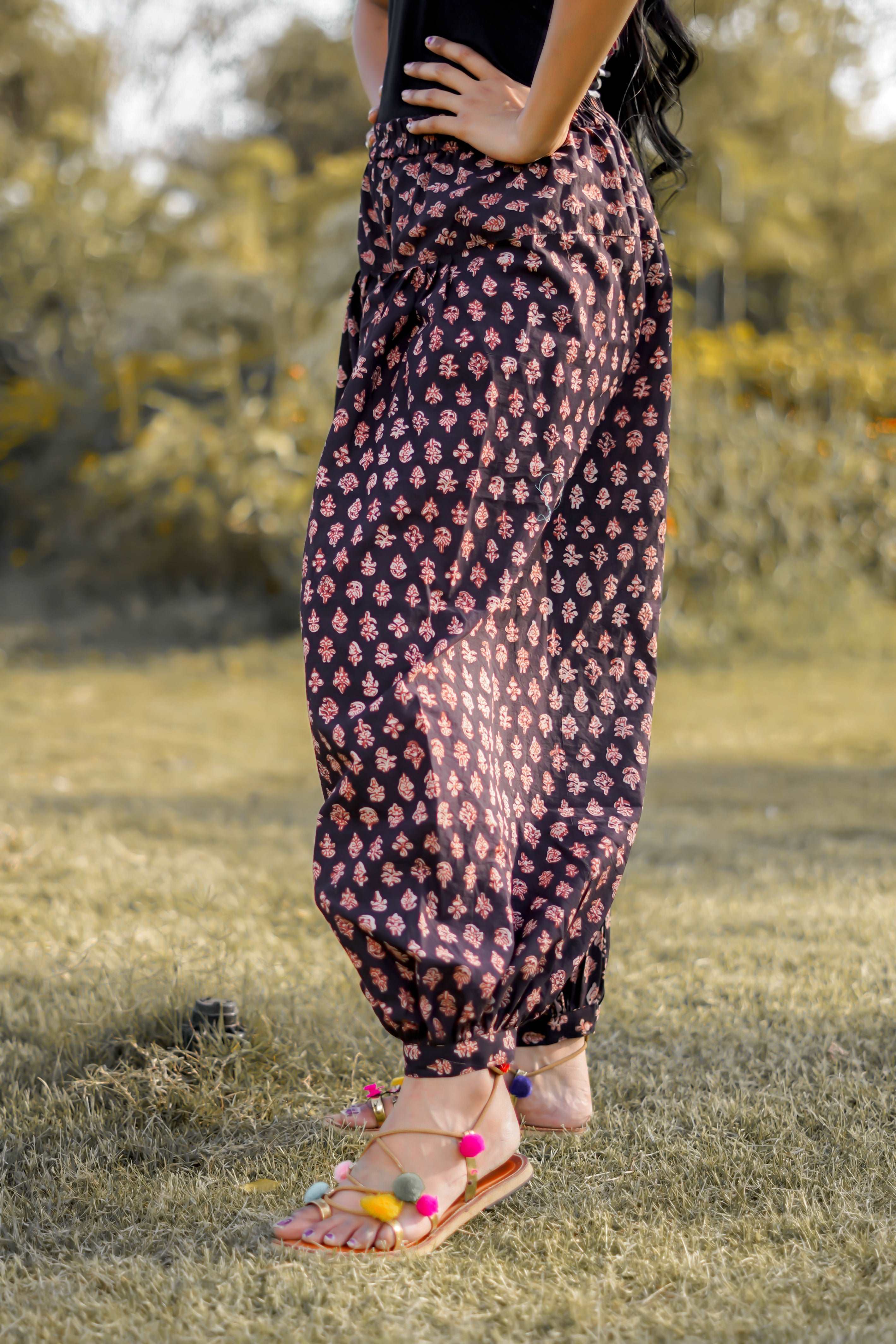 BLACK HARAM CUM DHOTI COTTON PANTS WITH BAGRU HANDBLOCK PRINT