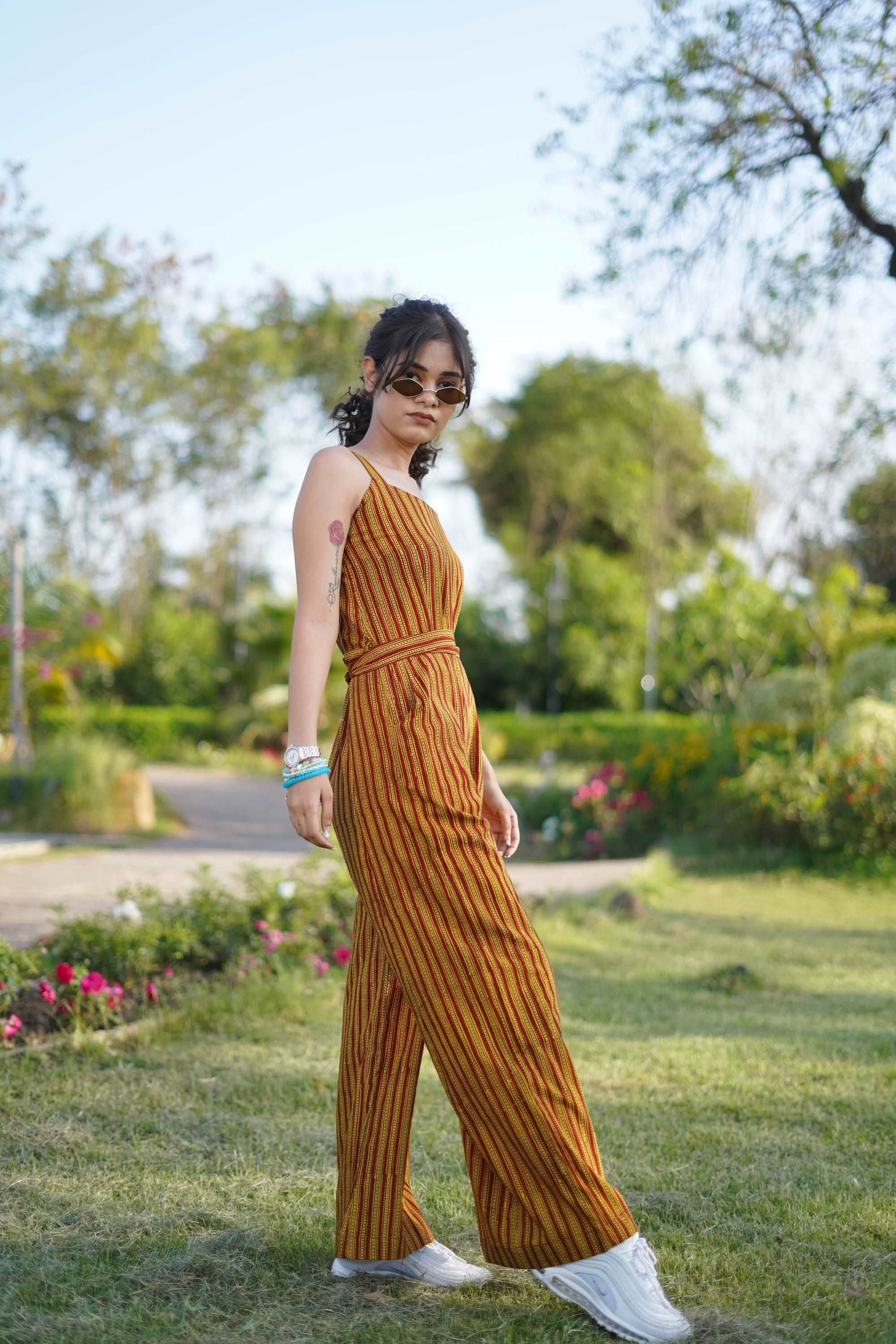 COTTON YELLOW-RED STRIPPED PANTSUIT WITH BAGH HAND-BLOCK PRINT
