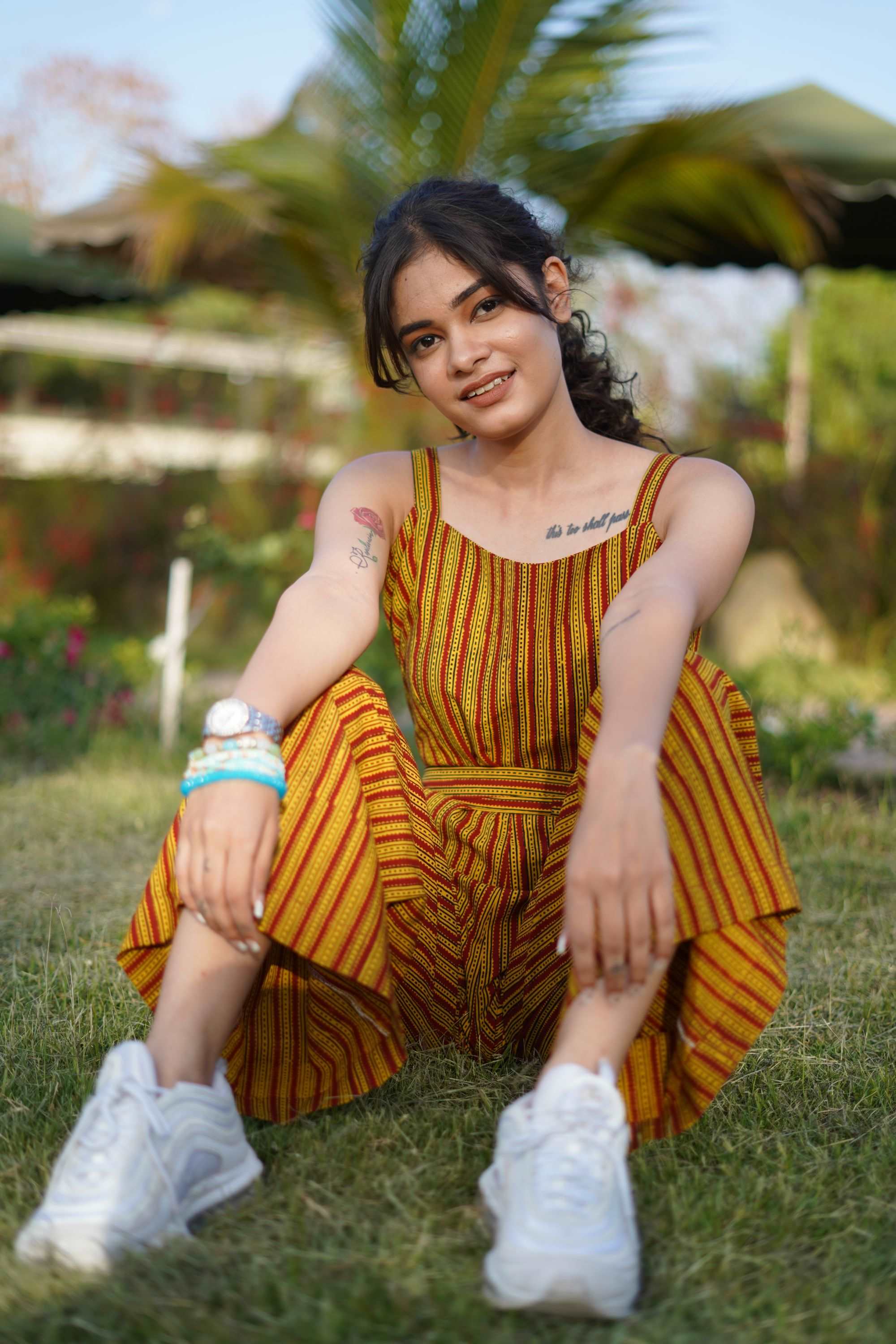 COTTON YELLOW-RED STRIPPED PANTSUIT WITH BAGH HAND-BLOCK PRINT