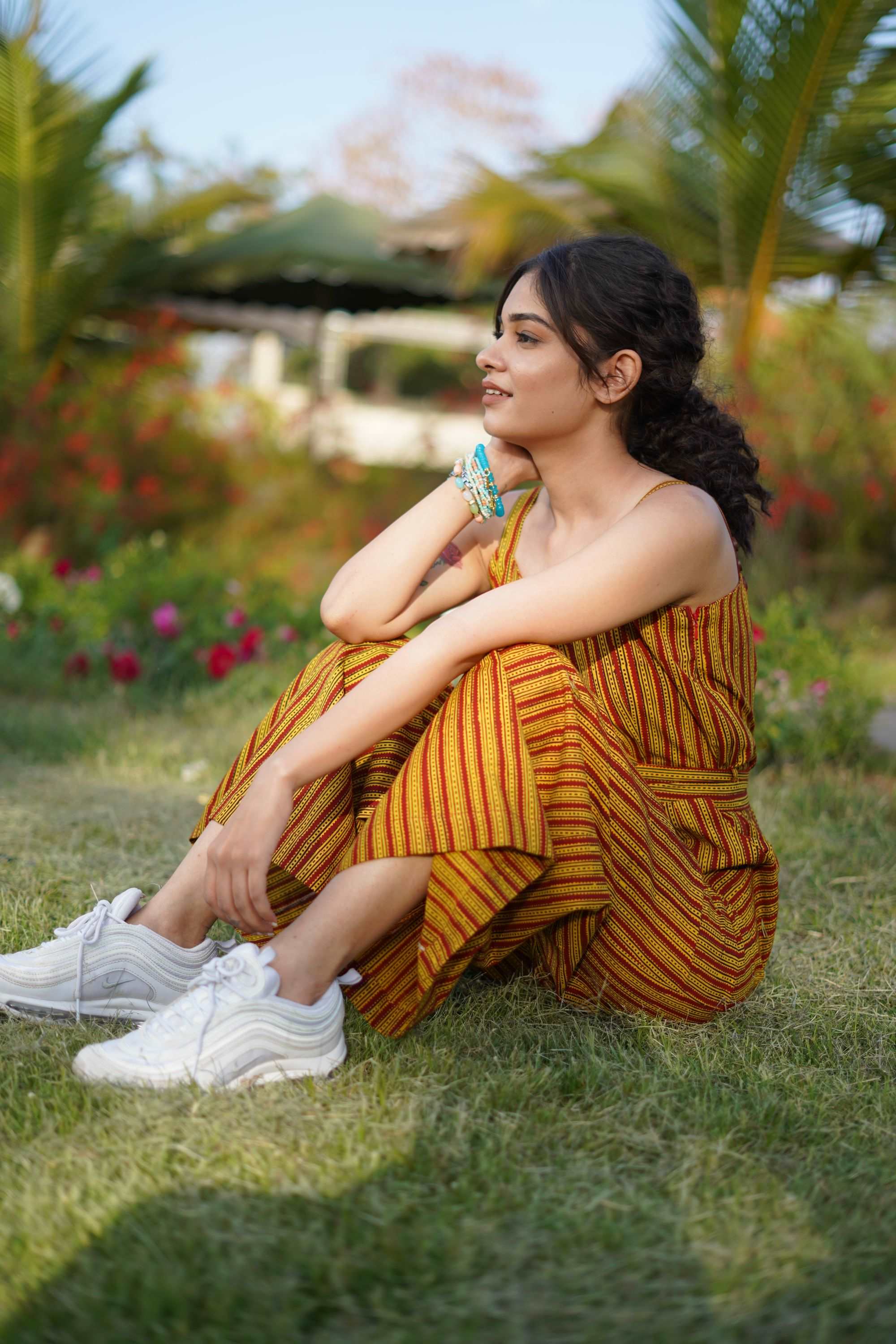 COTTON YELLOW-RED STRIPPED PANTSUIT WITH BAGH HAND-BLOCK PRINT