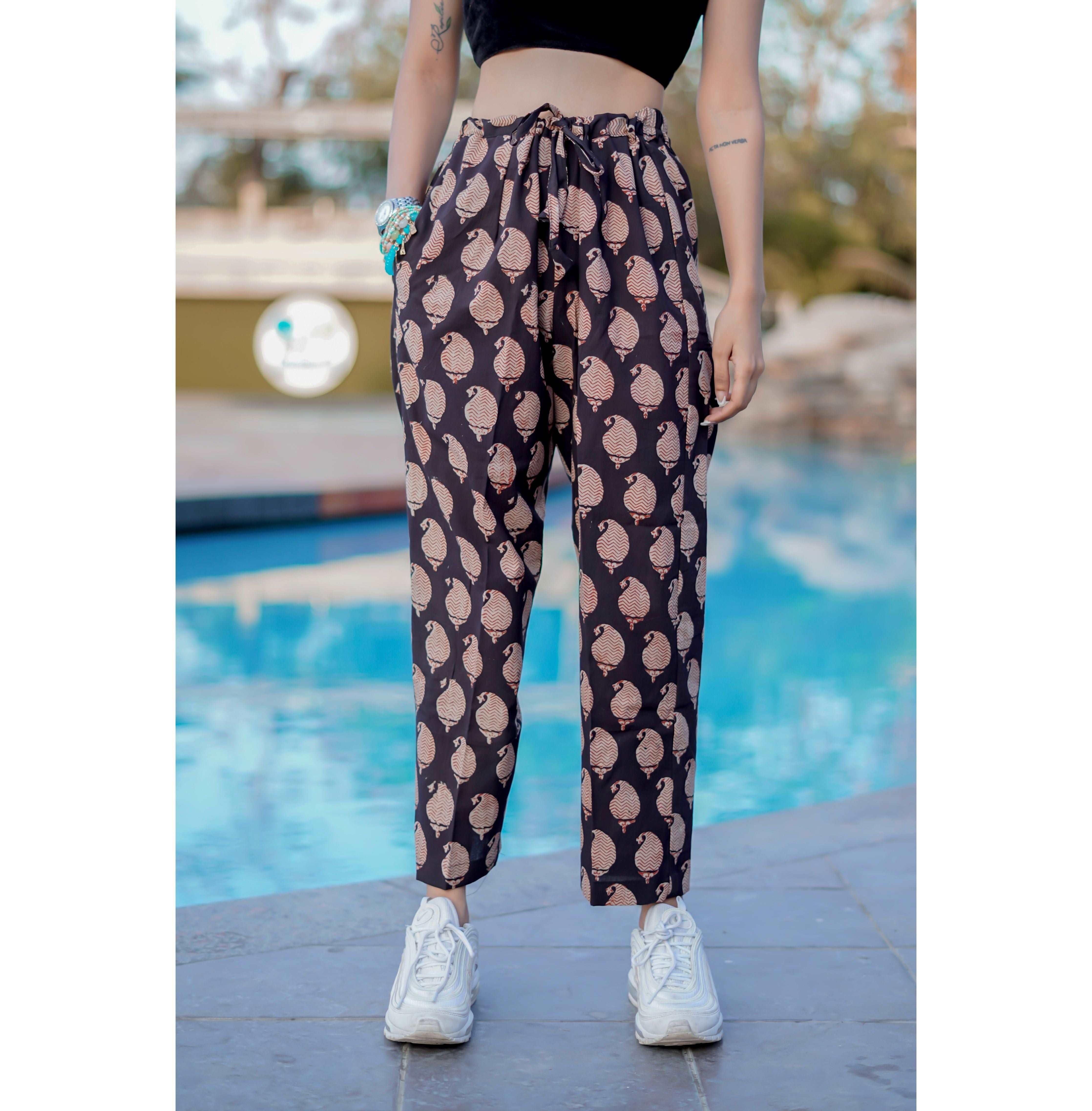 COTTON BLACK PARALLEL PANTS WITH BROWN BAGRU HANDBLOCK PRINT