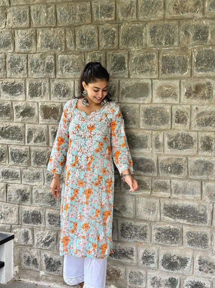 Flowery Mint Green Cotton Kurta with White Chikankari Embroidery