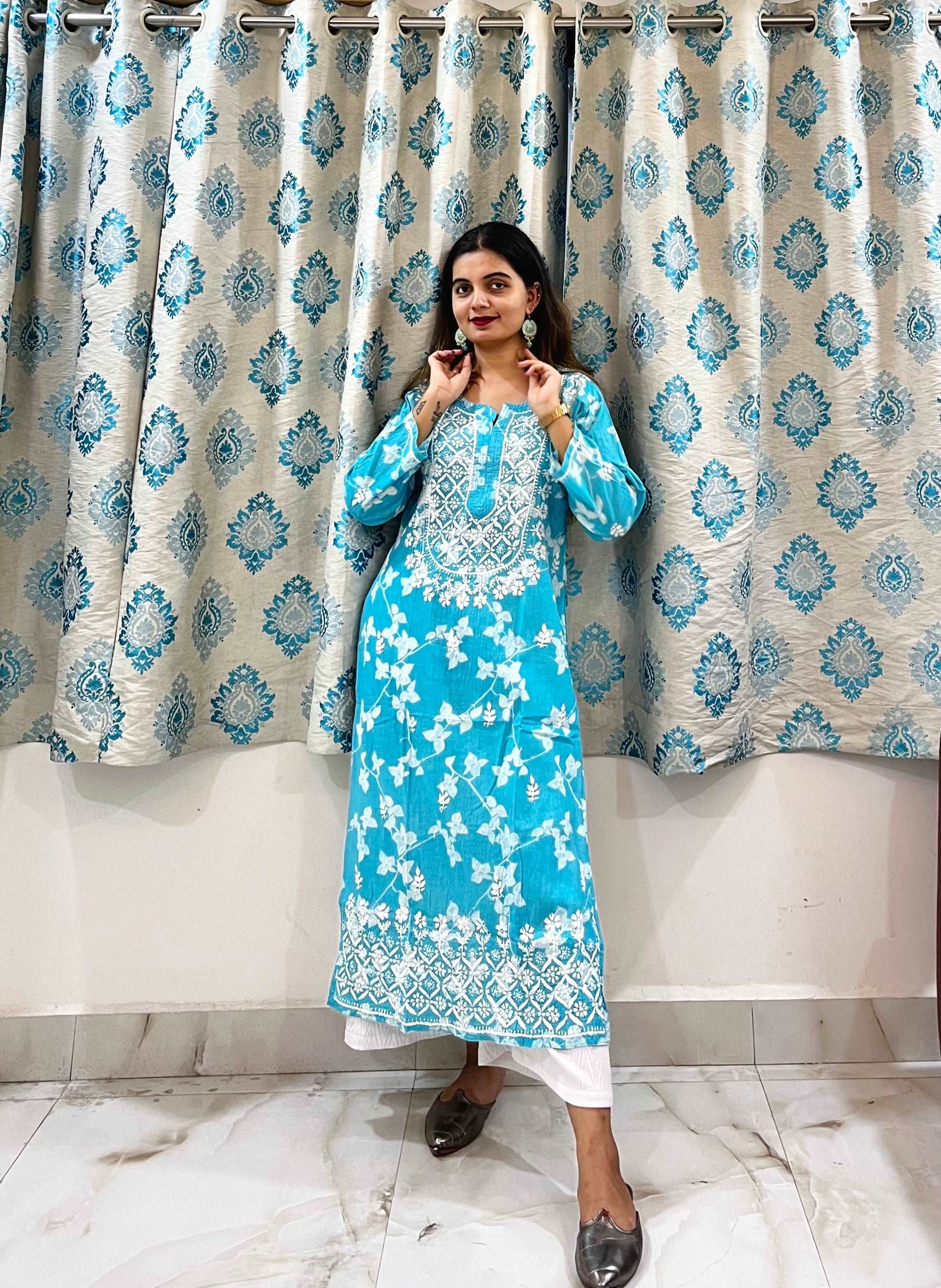 Blue Mulmul Cotton Chikankari Kurta