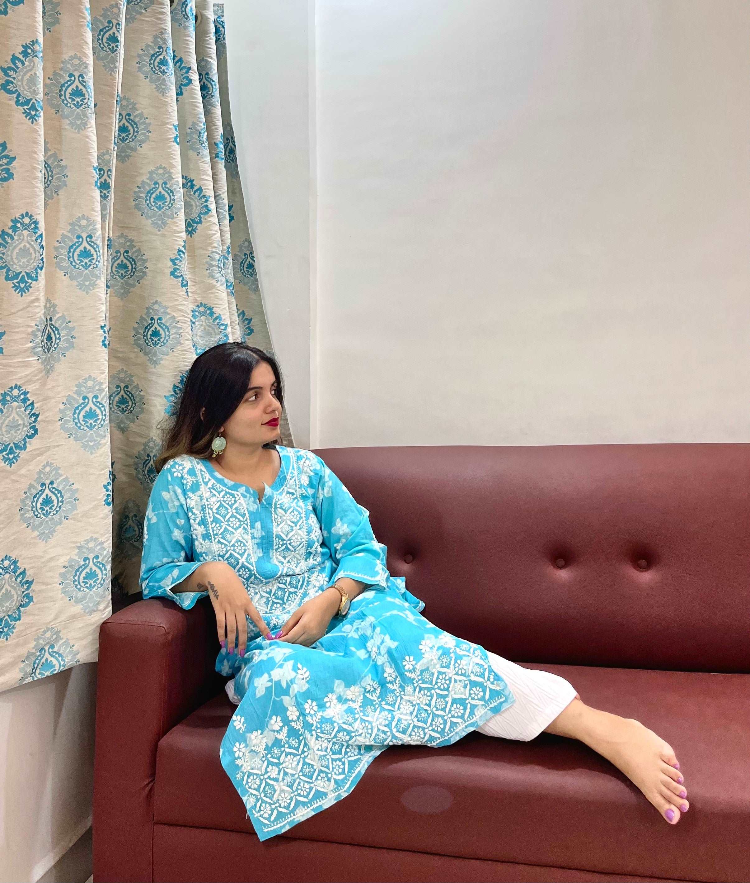 Blue Mulmul Cotton Chikankari Kurta