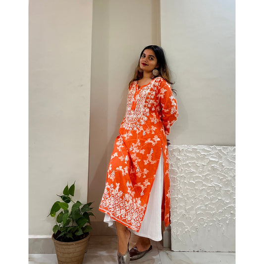 Orange Mulmul Cotton Chikankari Kurta