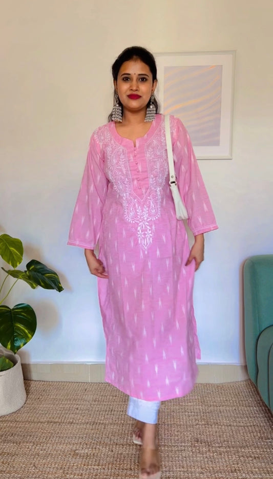 Pink Cotton Chikankari Kurti