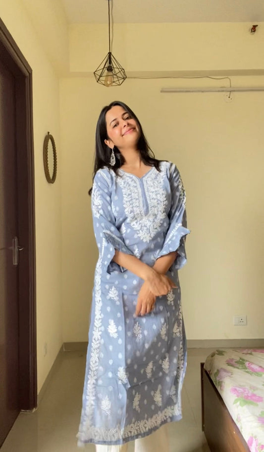 Grey Cotton Chikankari Kurti