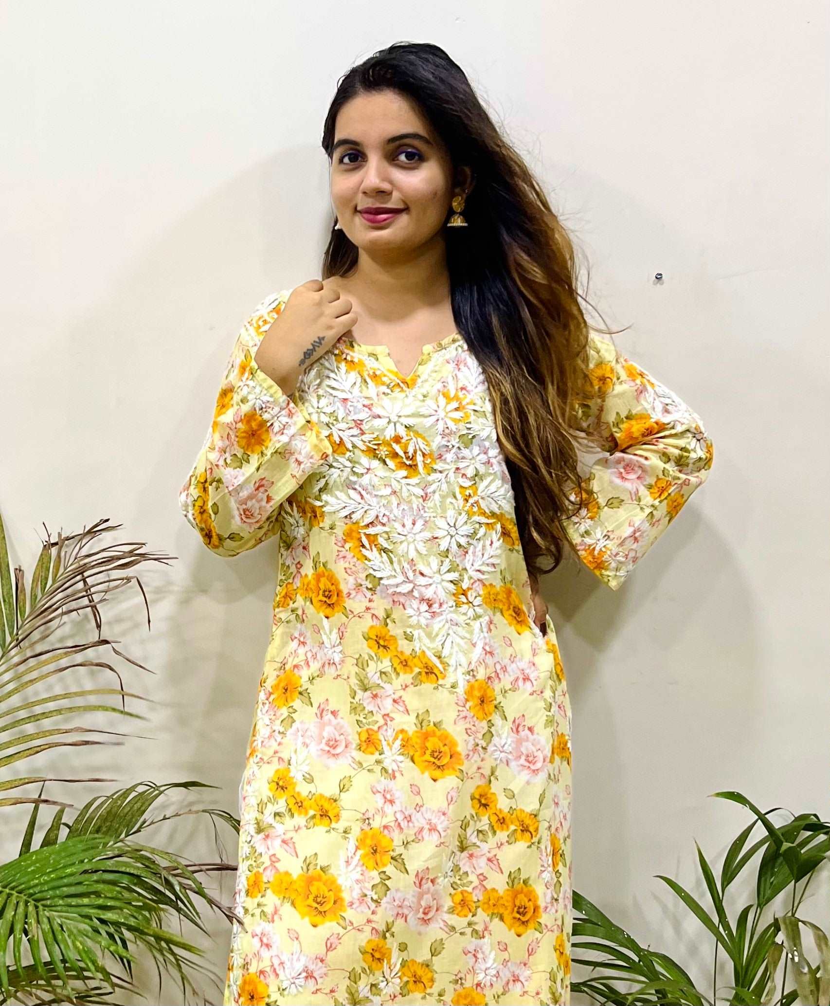 Flowery Yellow Cotton Kurti with White Chikankari Embroidery