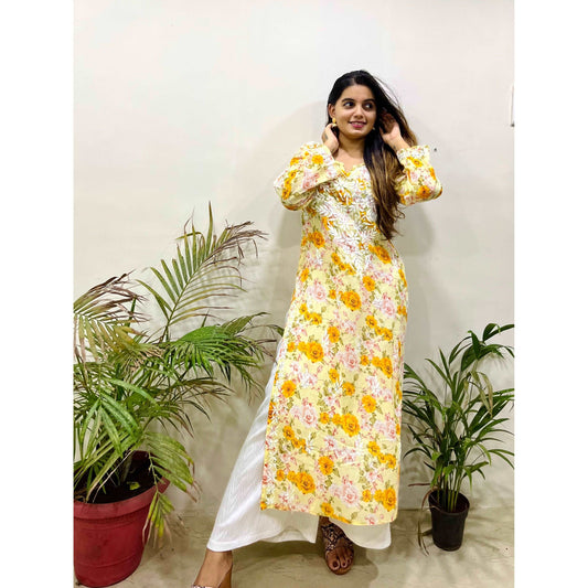 Flowery Yellow Cotton Kurti with White Chikankari Embroidery