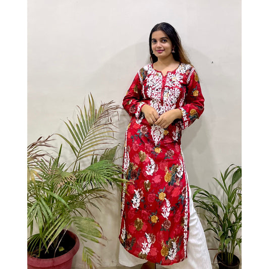 Flowery Red Cotton Kurta with White Chikankari Embroidery