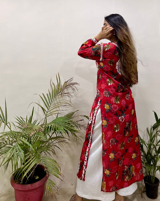 Flowery Red Cotton Kurta with White Chikankari Embroidery