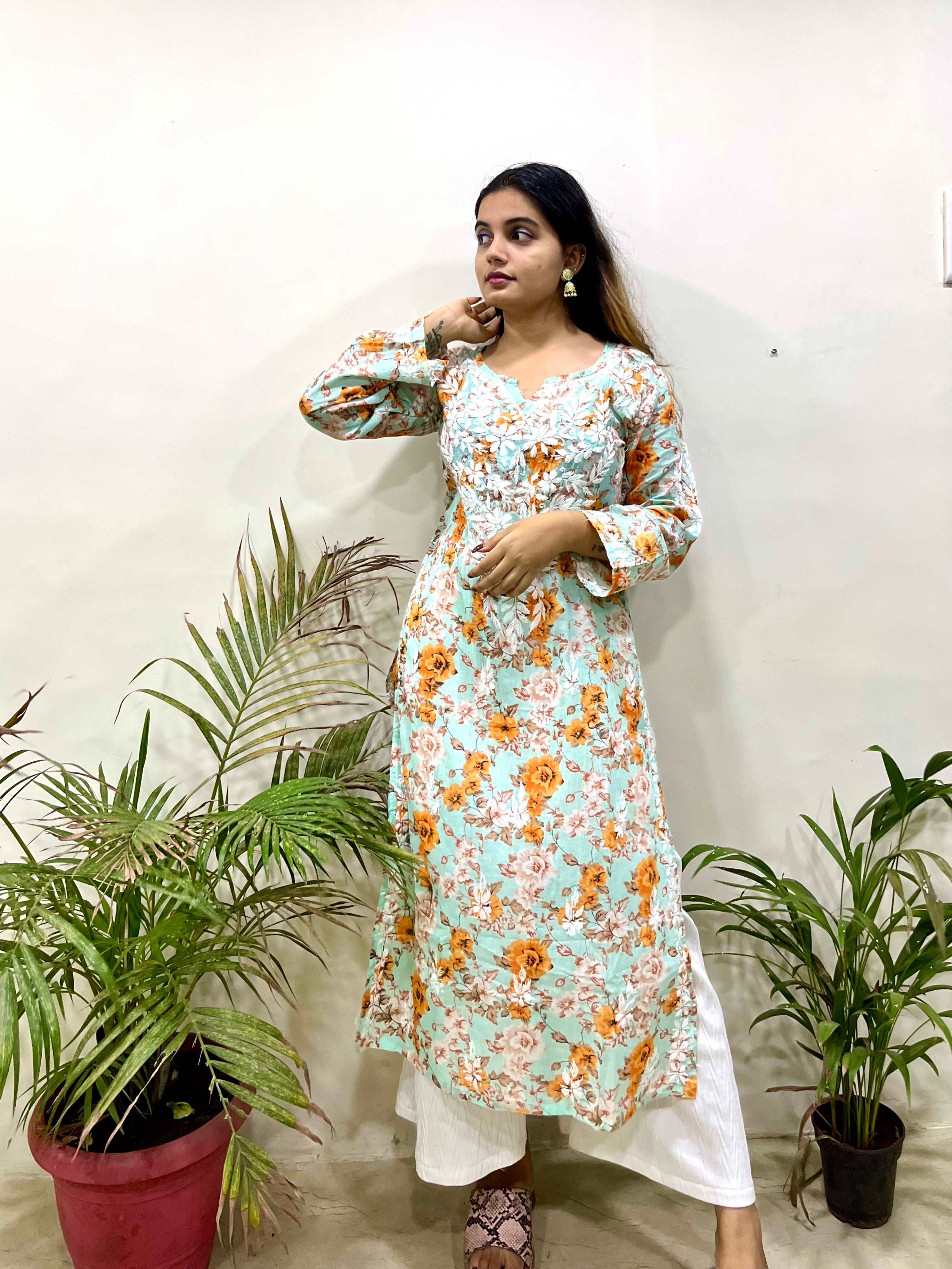 Flowery Mint Green Cotton Kurta with White Chikankari Embroidery