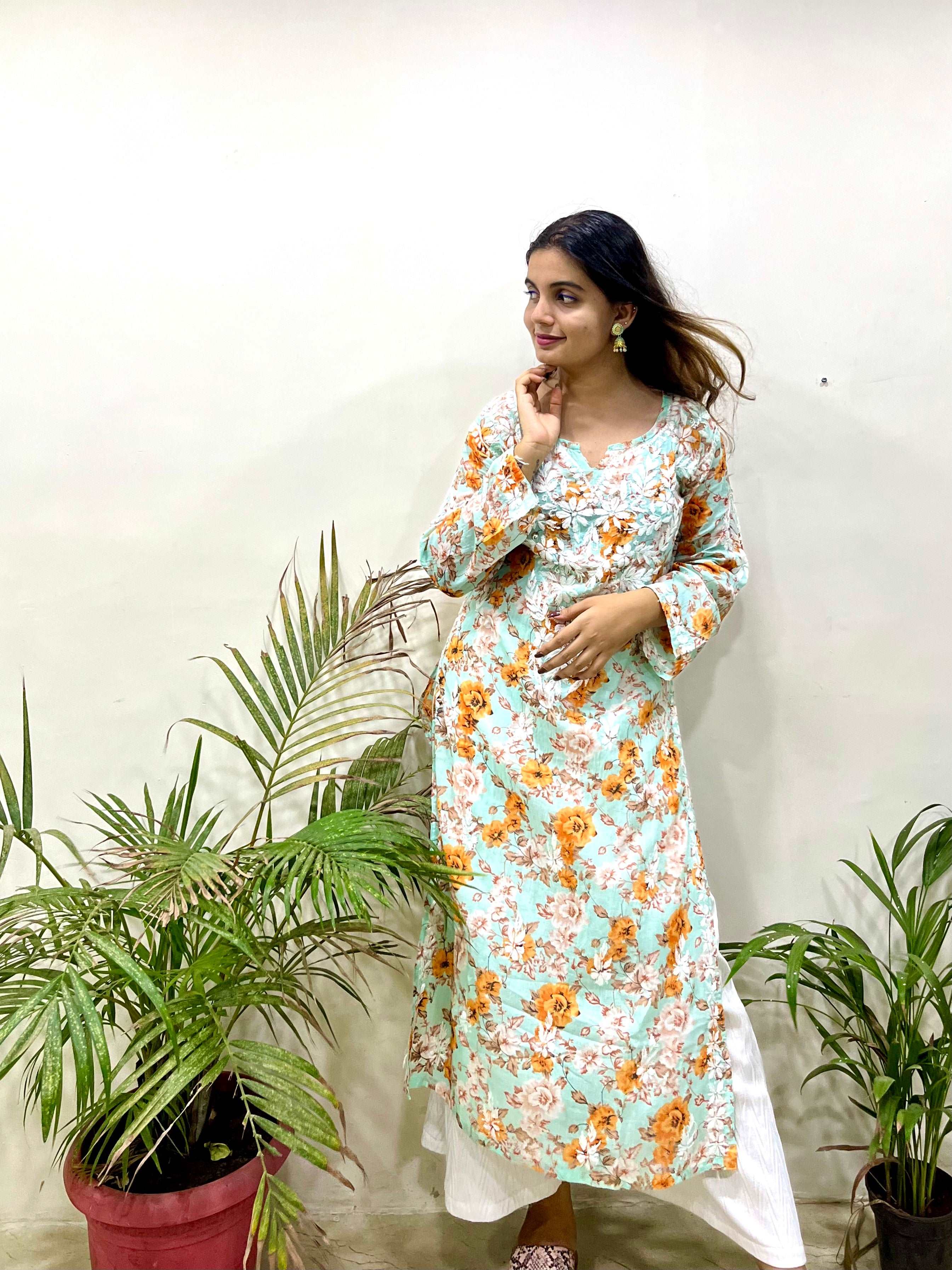 Flowery Mint Green Cotton Kurta with White Chikankari Embroidery