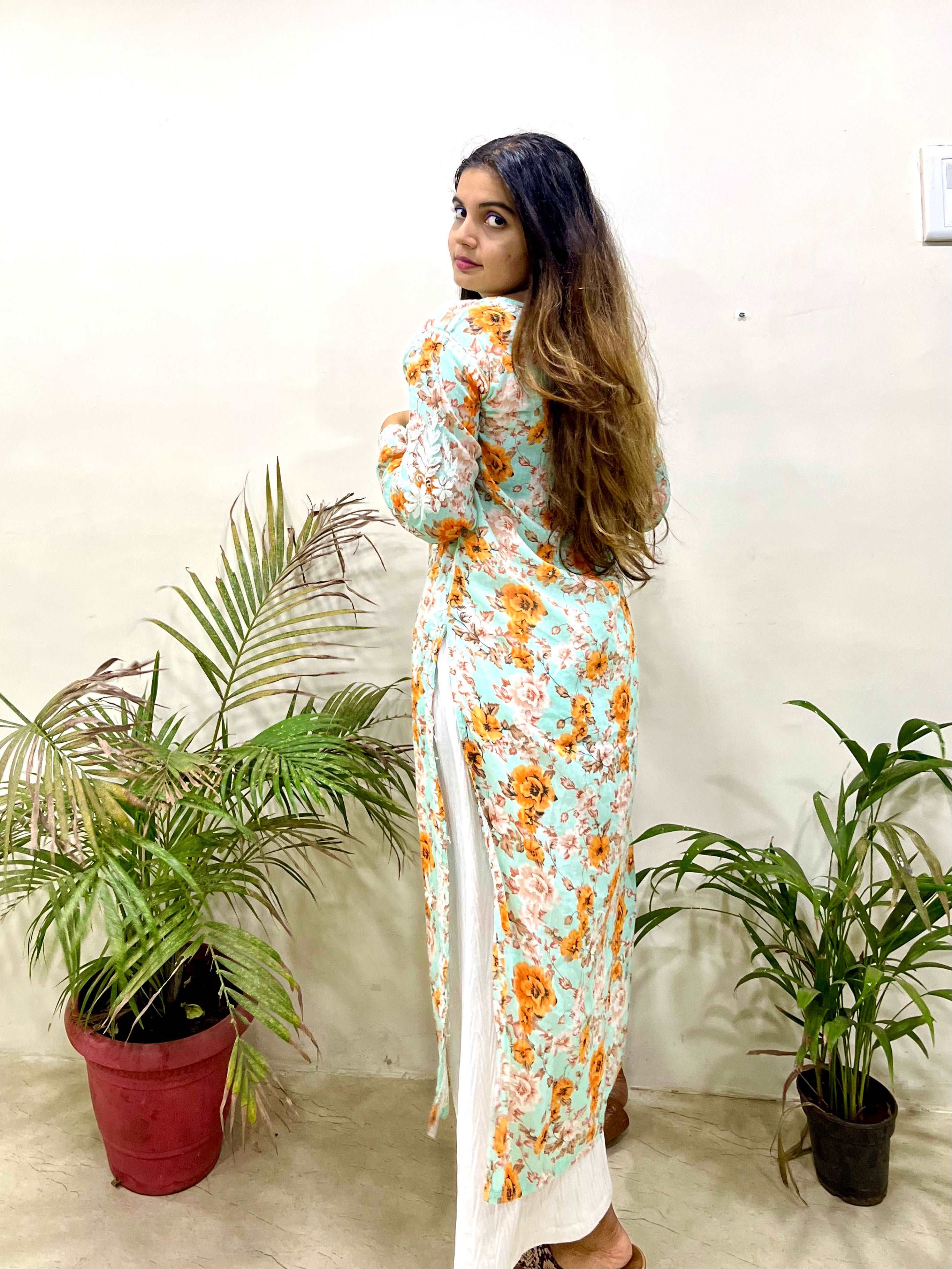 Flowery Mint Green Cotton Kurta with White Chikankari Embroidery