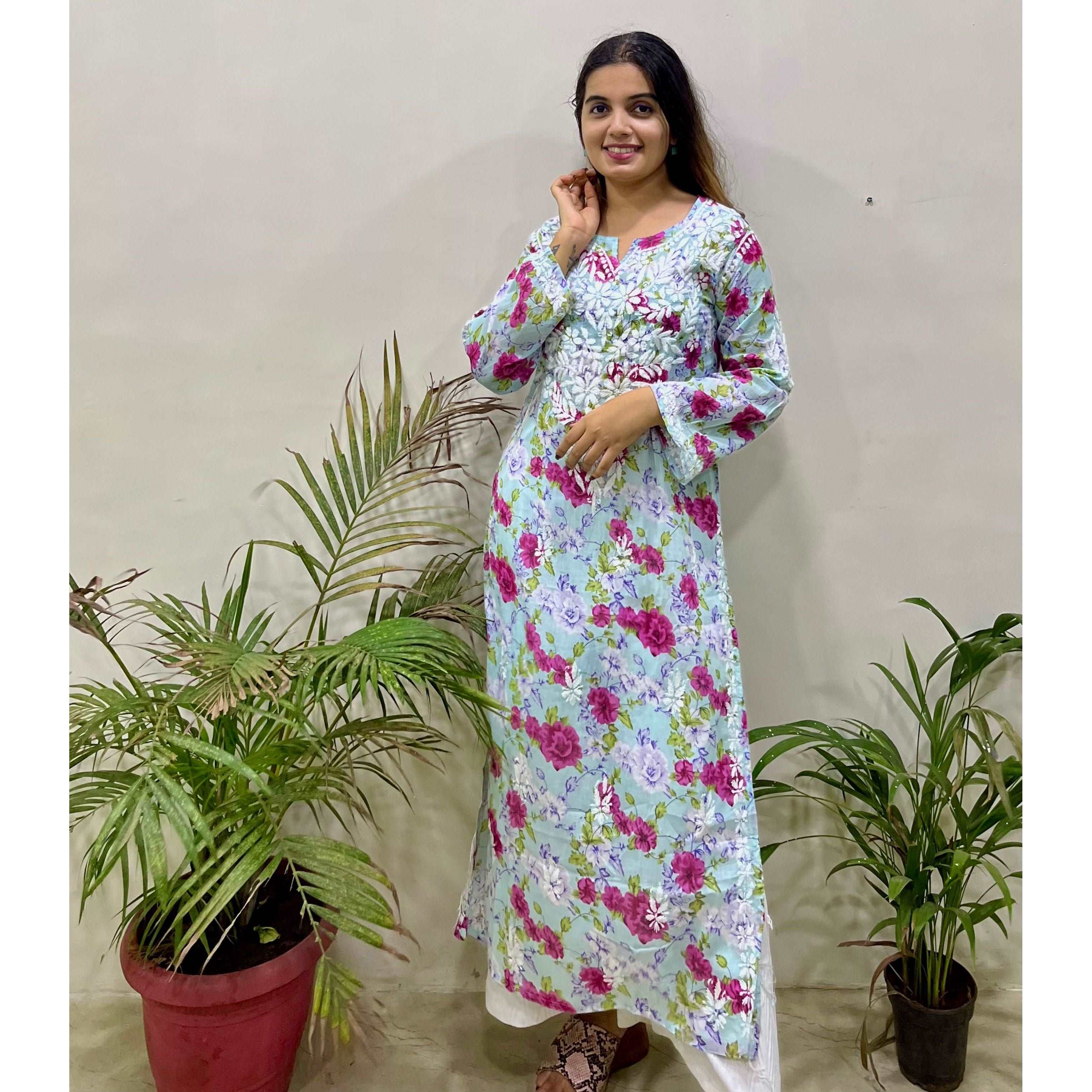 Flowery Blue Cotton Kurti with White Chikankari Embroidery