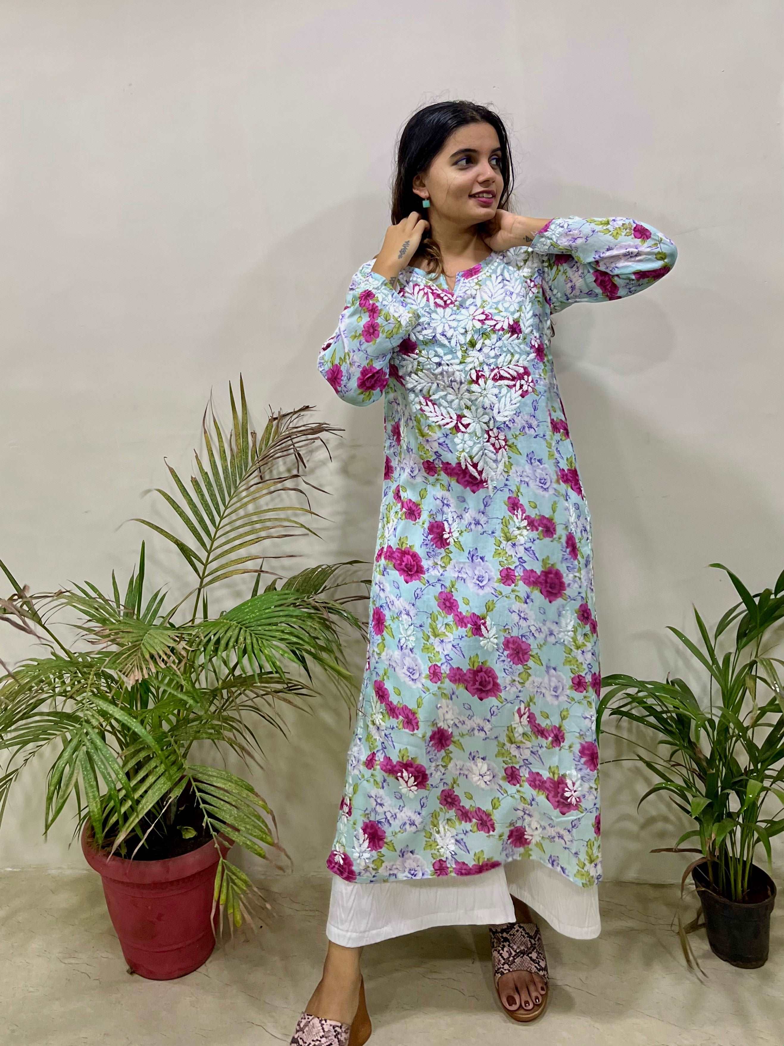 Flowery Blue Cotton Kurti with White Chikankari Embroidery