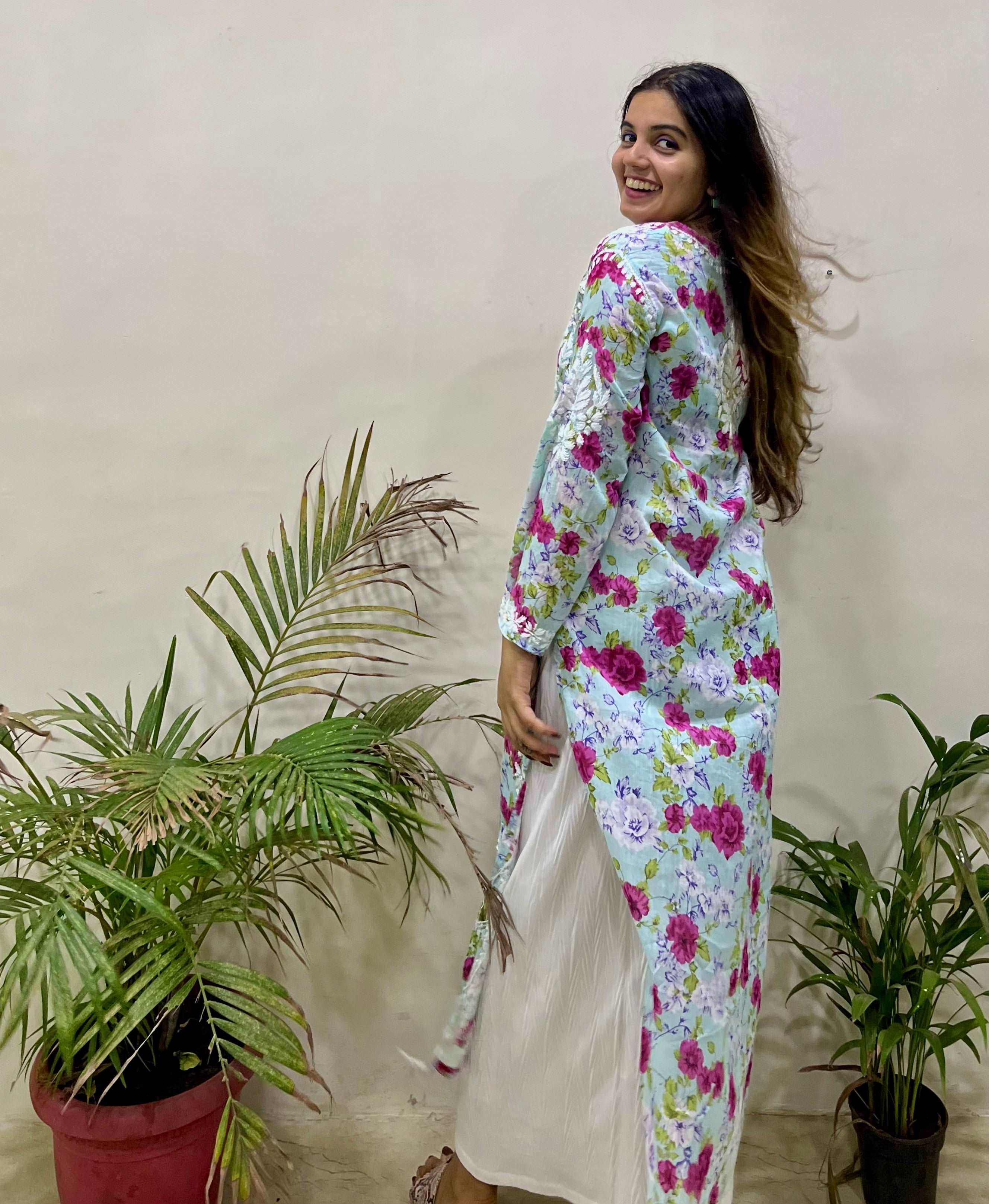 Flowery Blue Cotton Kurti with White Chikankari Embroidery