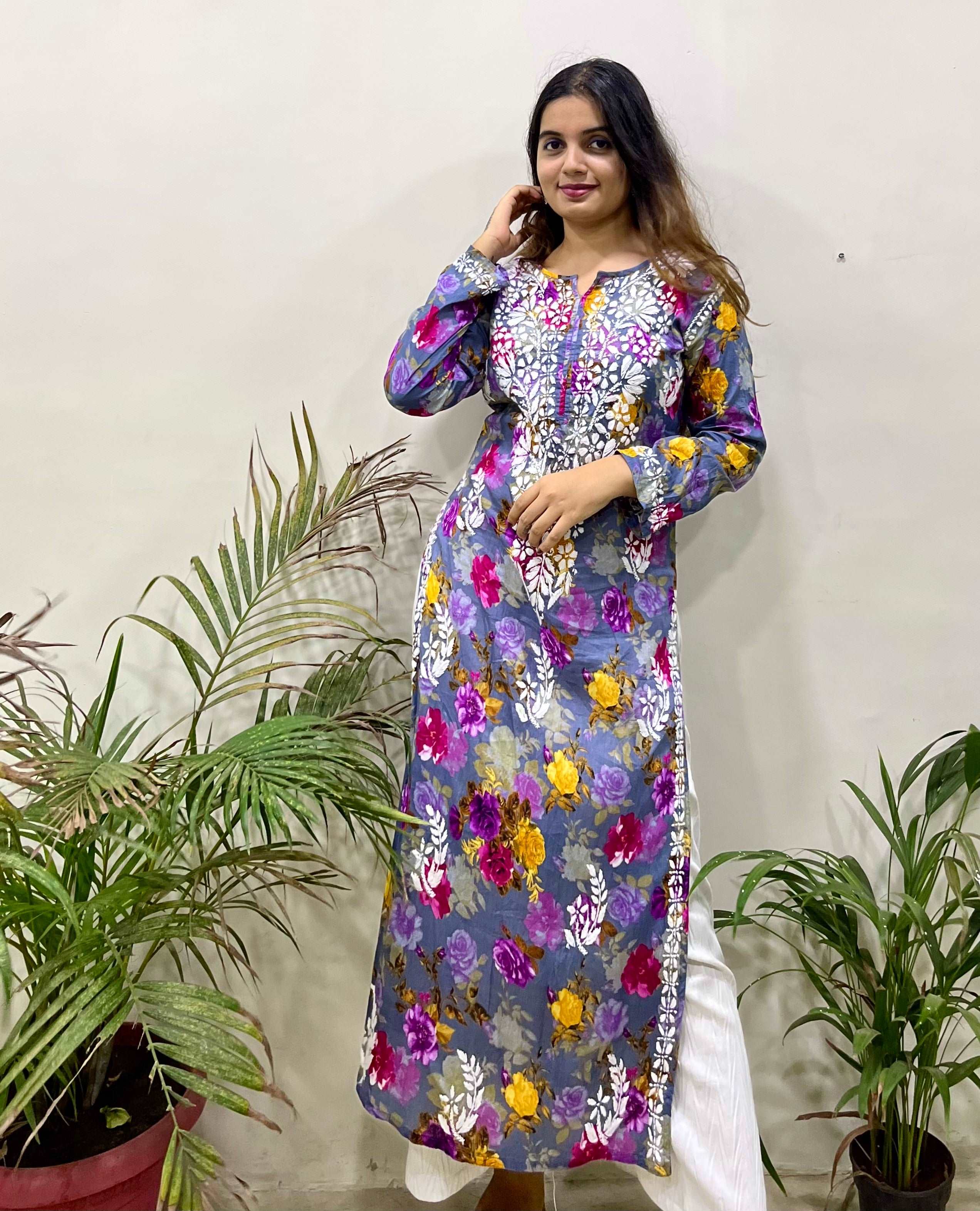 Flowery Purple Cotton Kurti with White Chikankari Embroidery