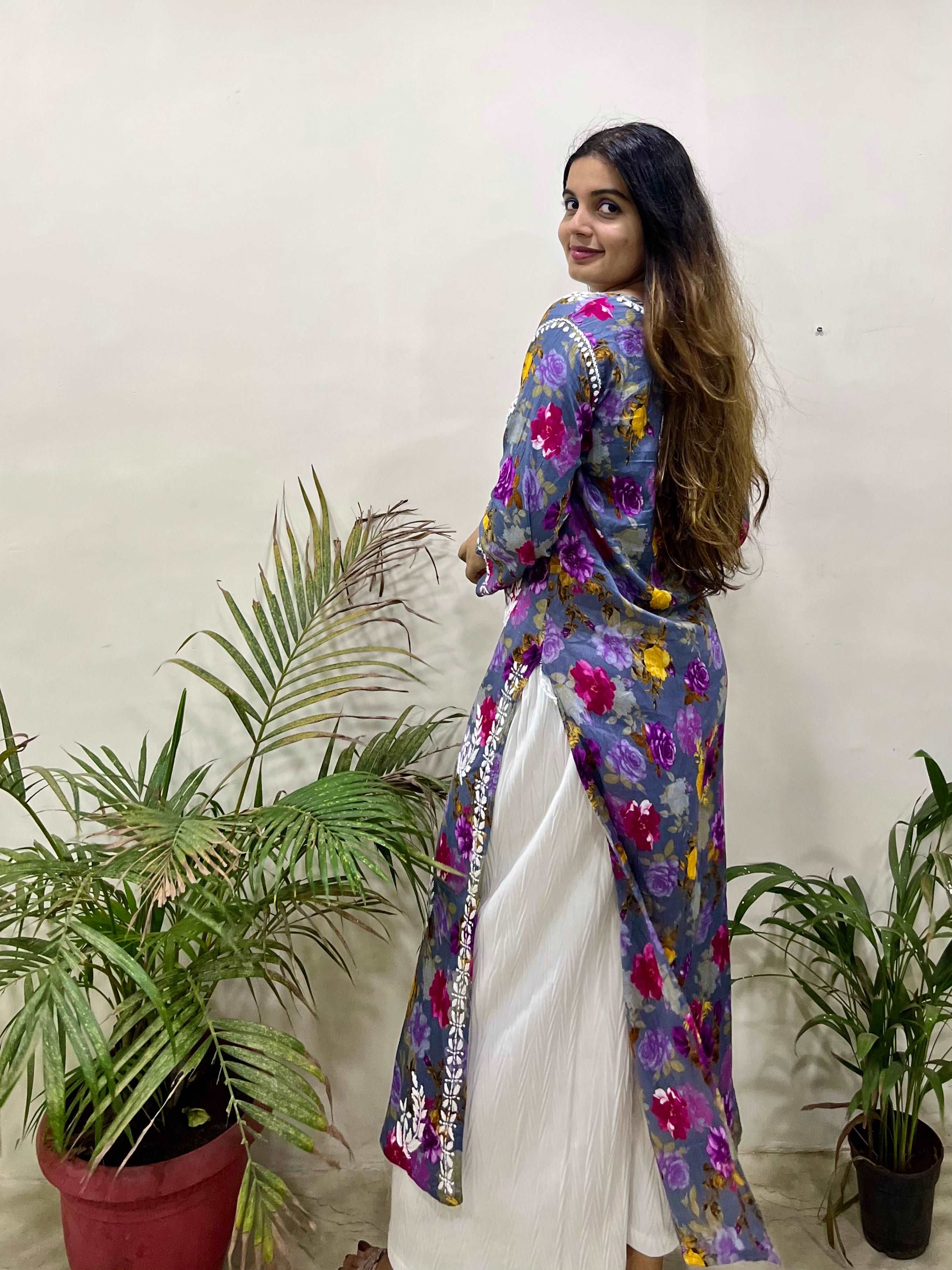 Flowery Purple Cotton Kurti with White Chikankari Embroidery