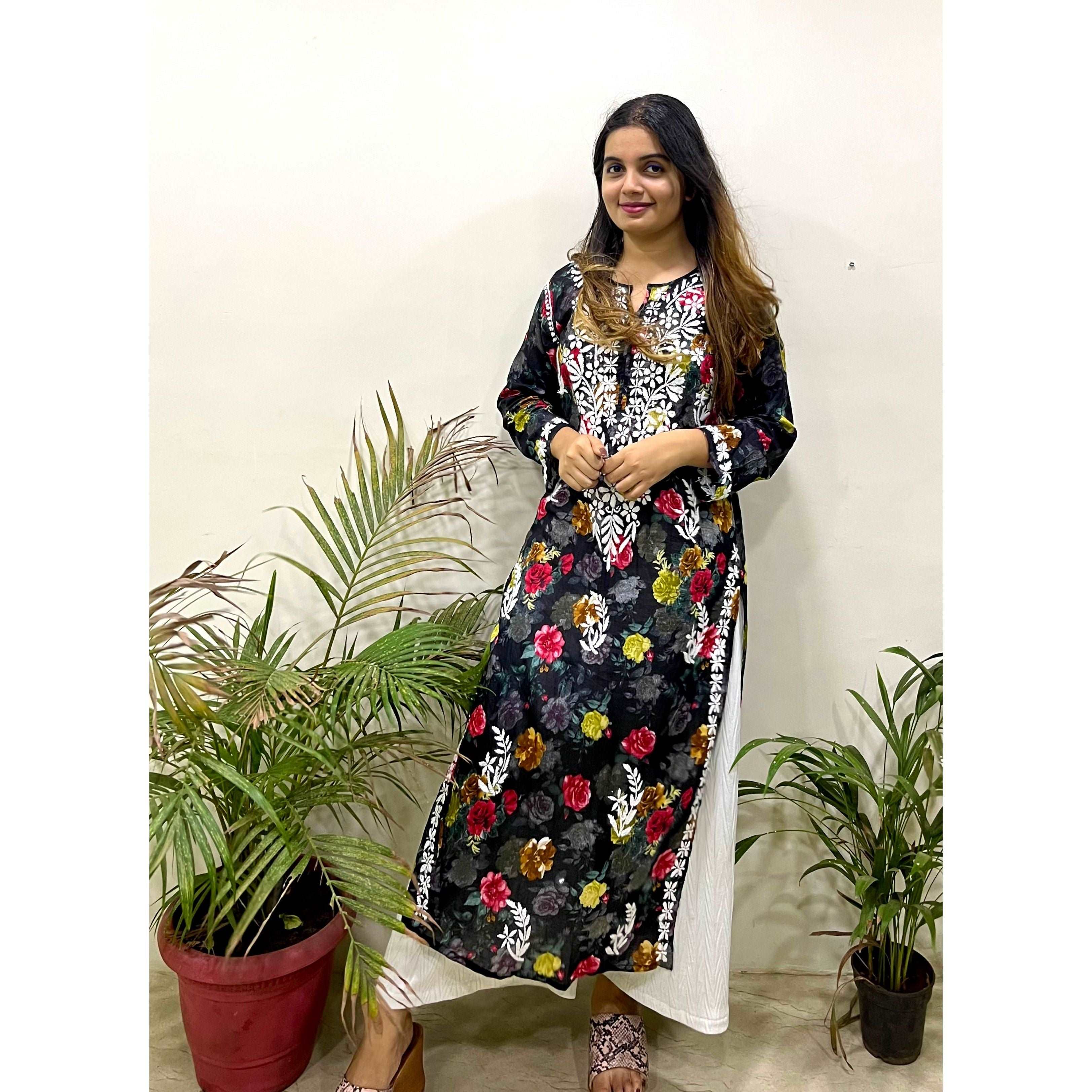 Flowery Black Cotton Kurti with White Chikankari Embridery