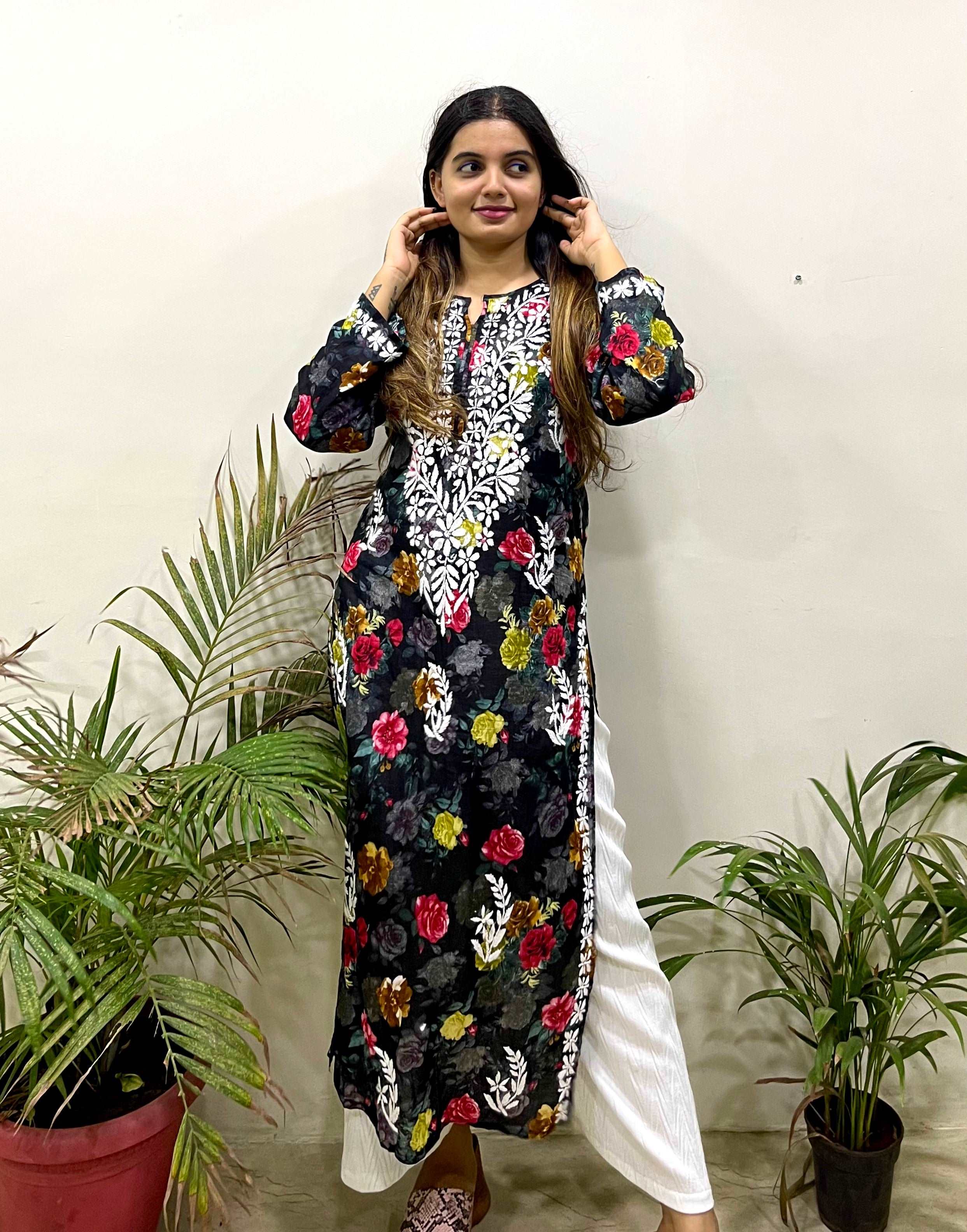 Flowery Black Cotton Kurti with White Chikankari Embridery