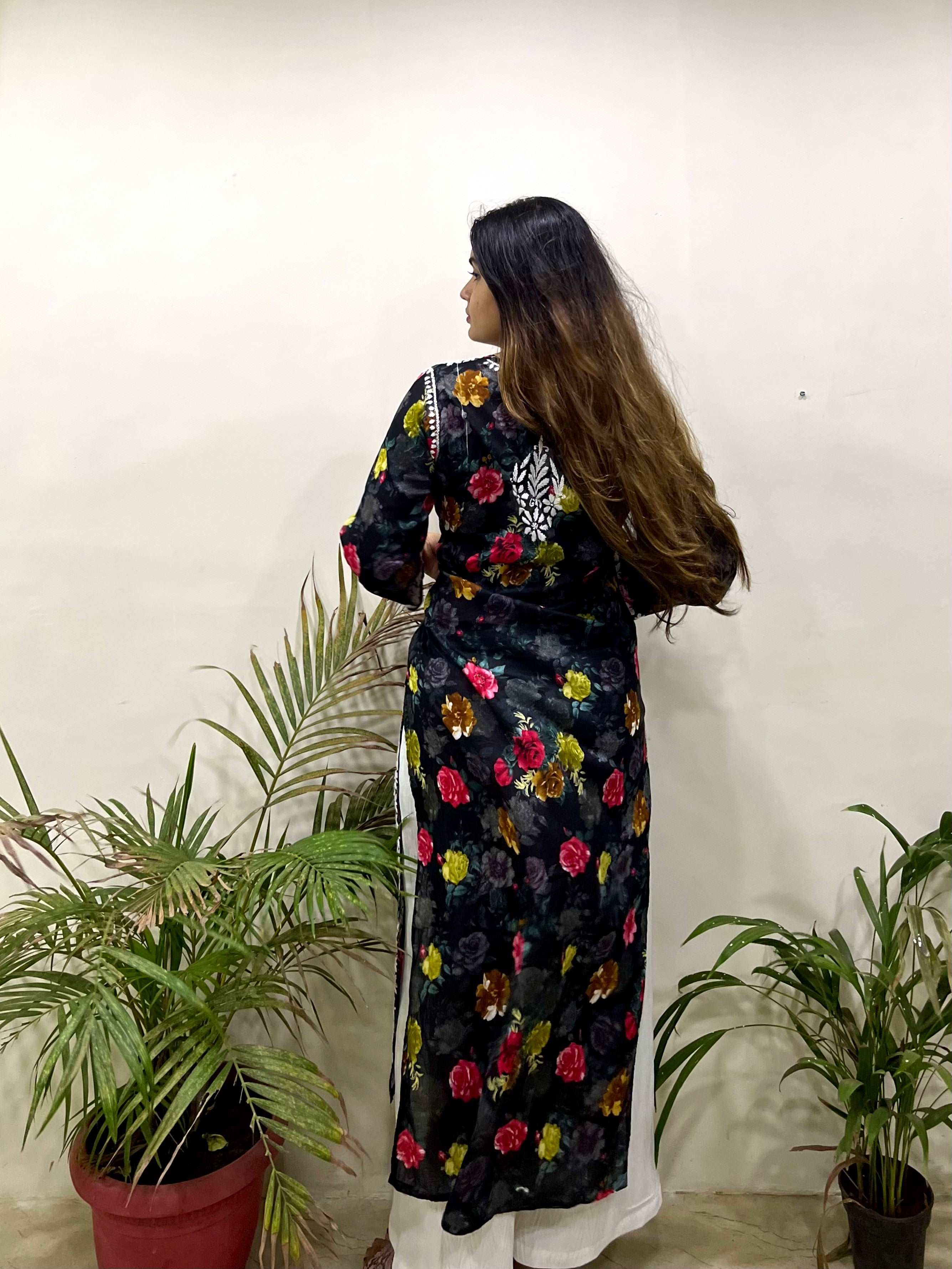 Flowery Black Cotton Kurti with White Chikankari Embridery