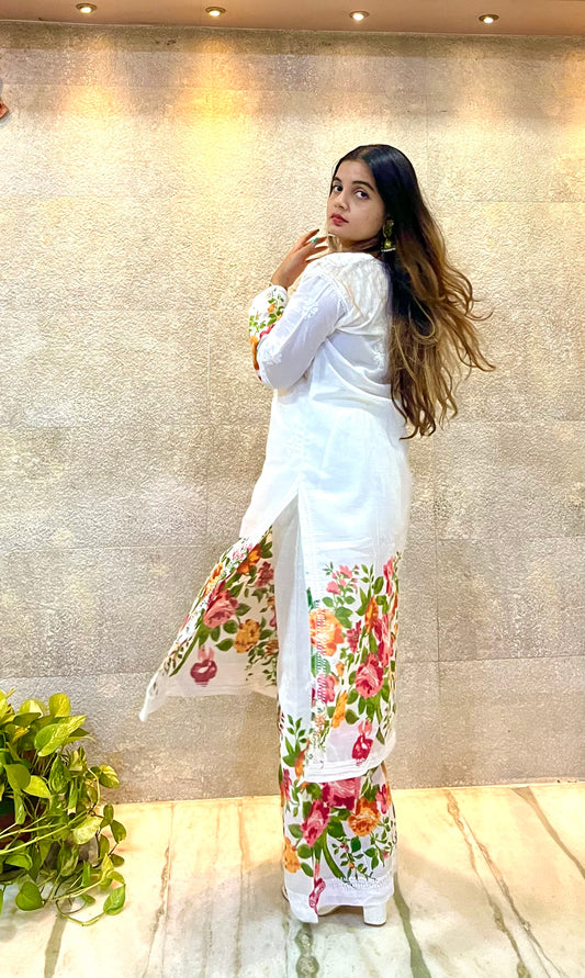 White Kurta Set with Red and Orange Flowery Embroidery