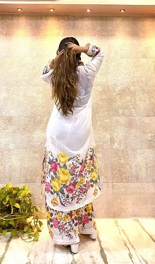 White Kurta Set with Yellow and Pink Flowery Embroidery