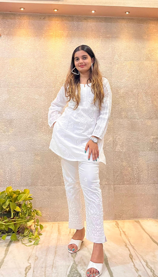 White Cotton Embroidered Co-ord Set