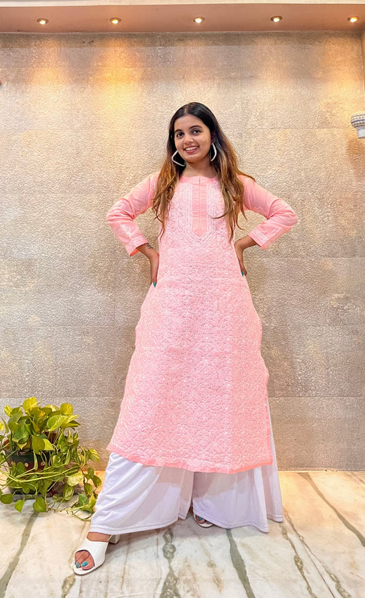 Peach Cotton Chikankari Kurti