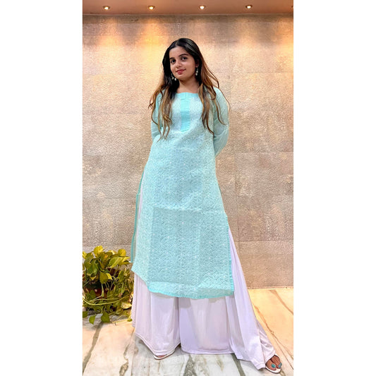 Sky Blue Cotton Chikankari Kurti