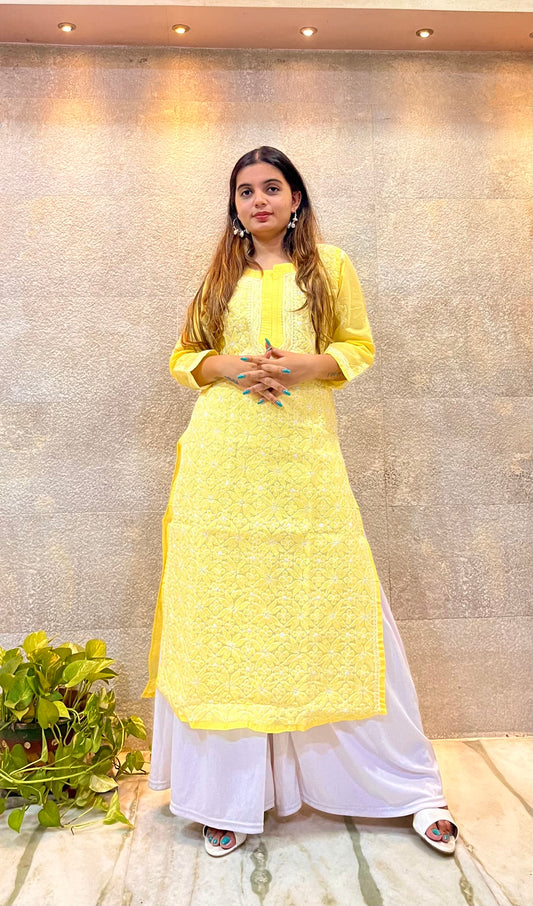 Yellow Cotton Chikankari Kurti