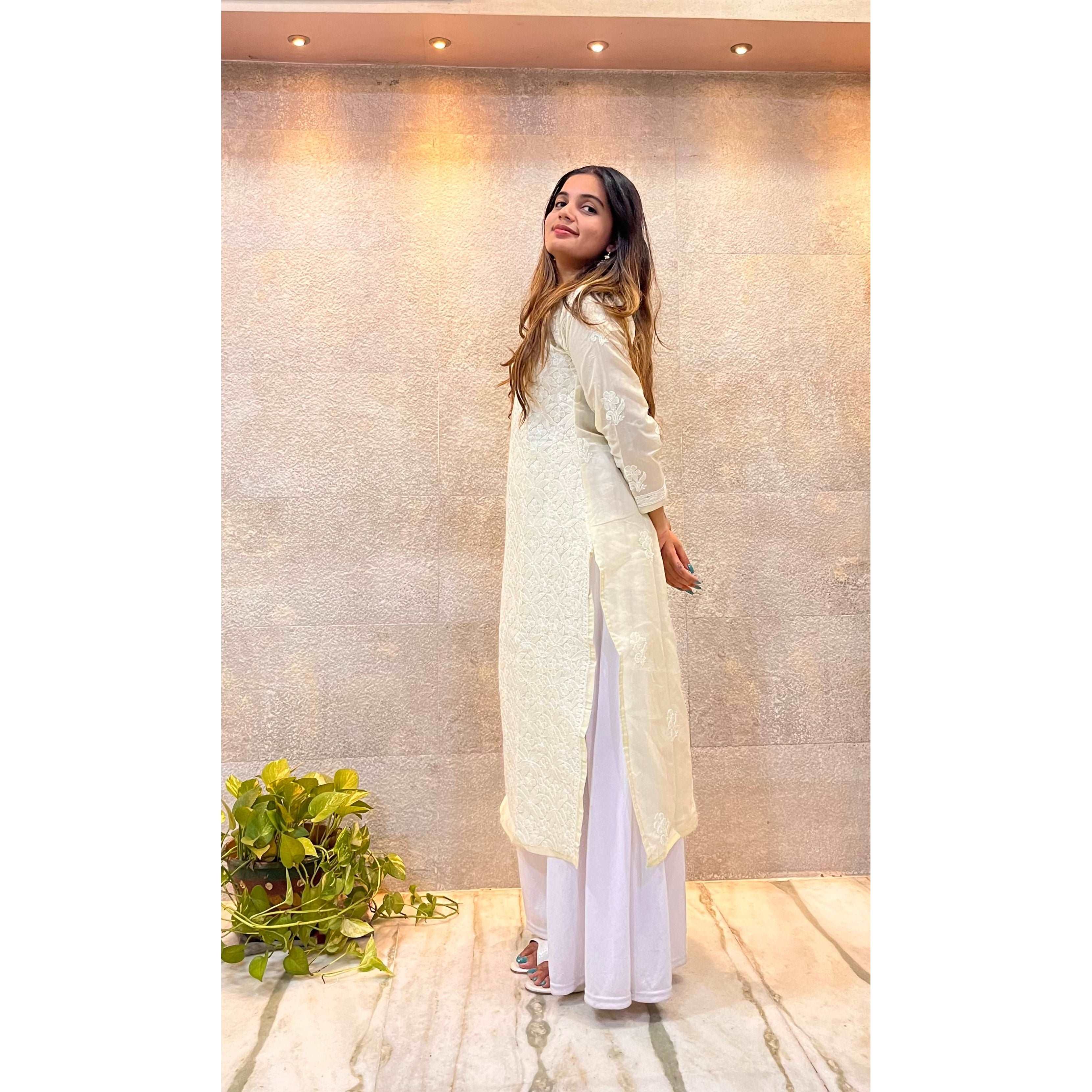 Beige Cotton Chikankari Kurti