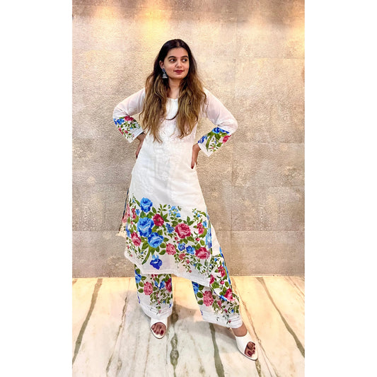 White Kurta Set with Red and Blue Flowery Embroidery