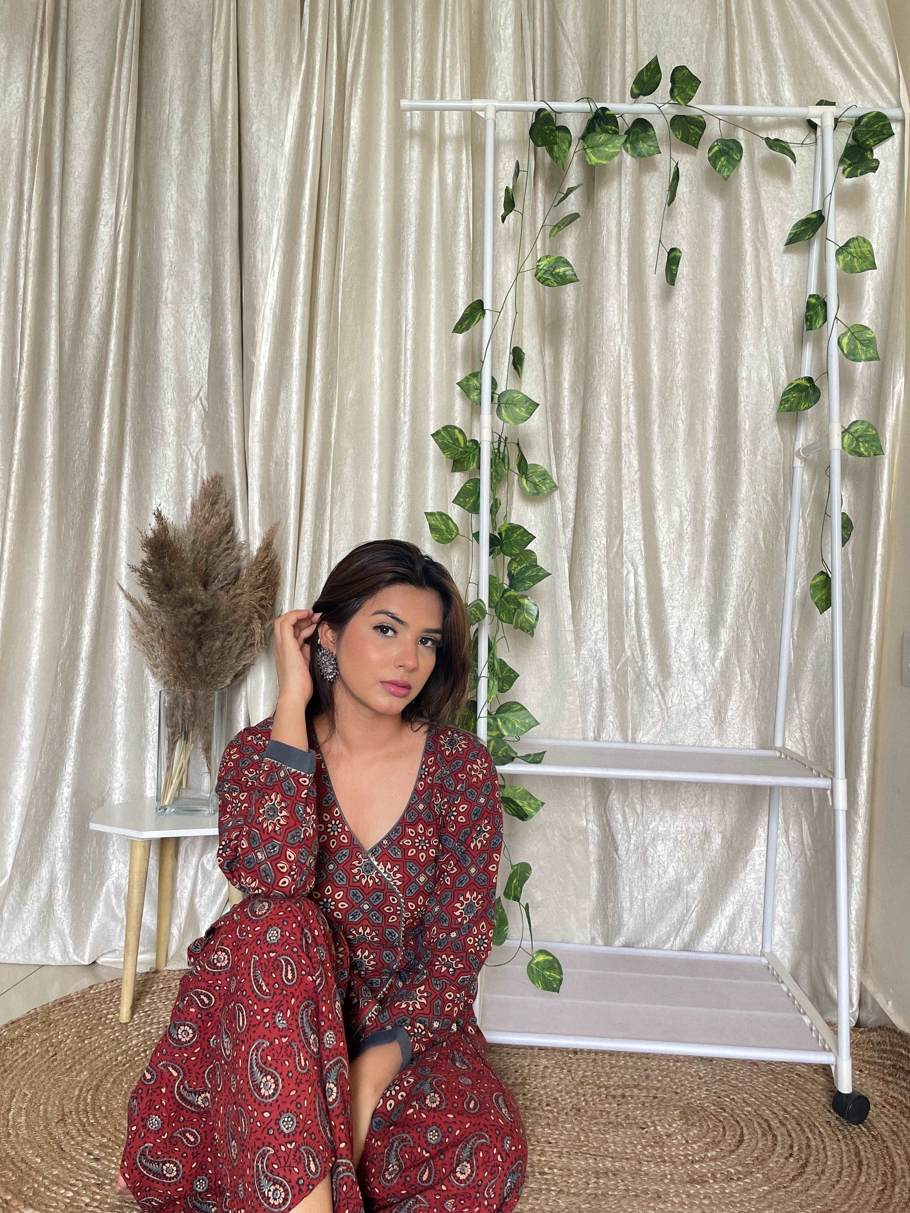 Cotton Ajrakh Hand-Block Printed Red Handloom Kurti Set