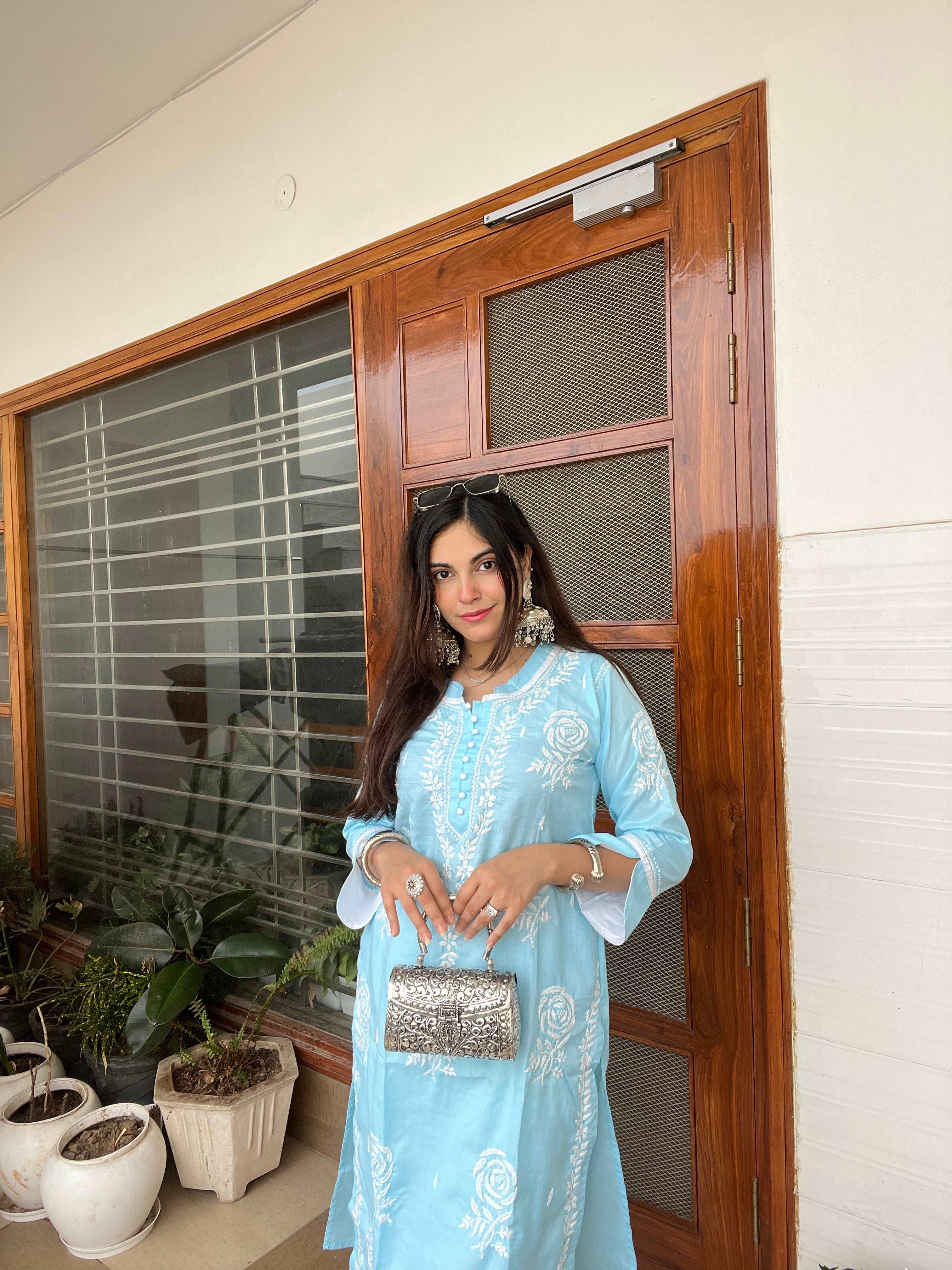 Blue Cotton Chikankari Kurta