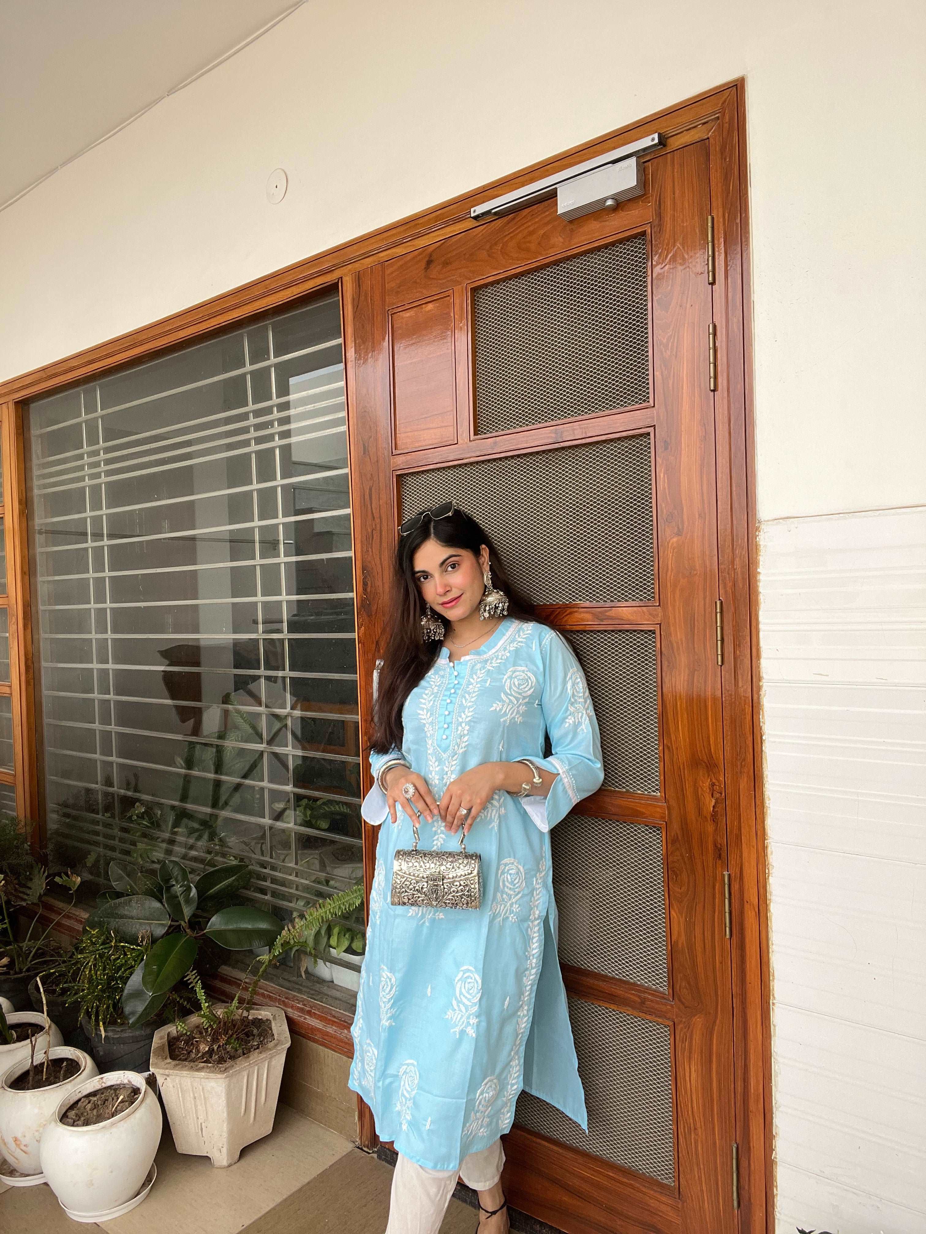 Blue Cotton Chikankari Kurta