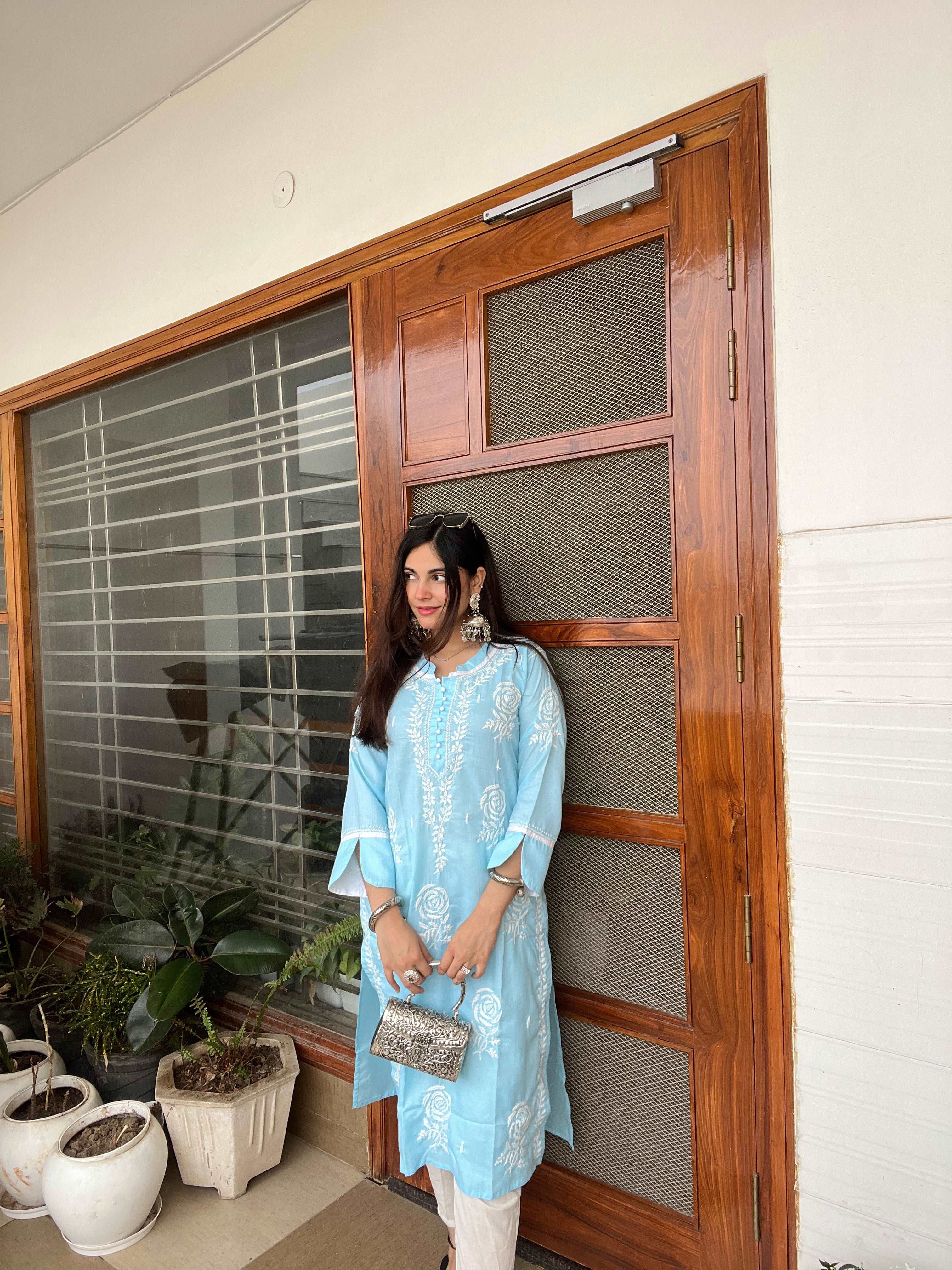 Blue Cotton Chikankari Kurta