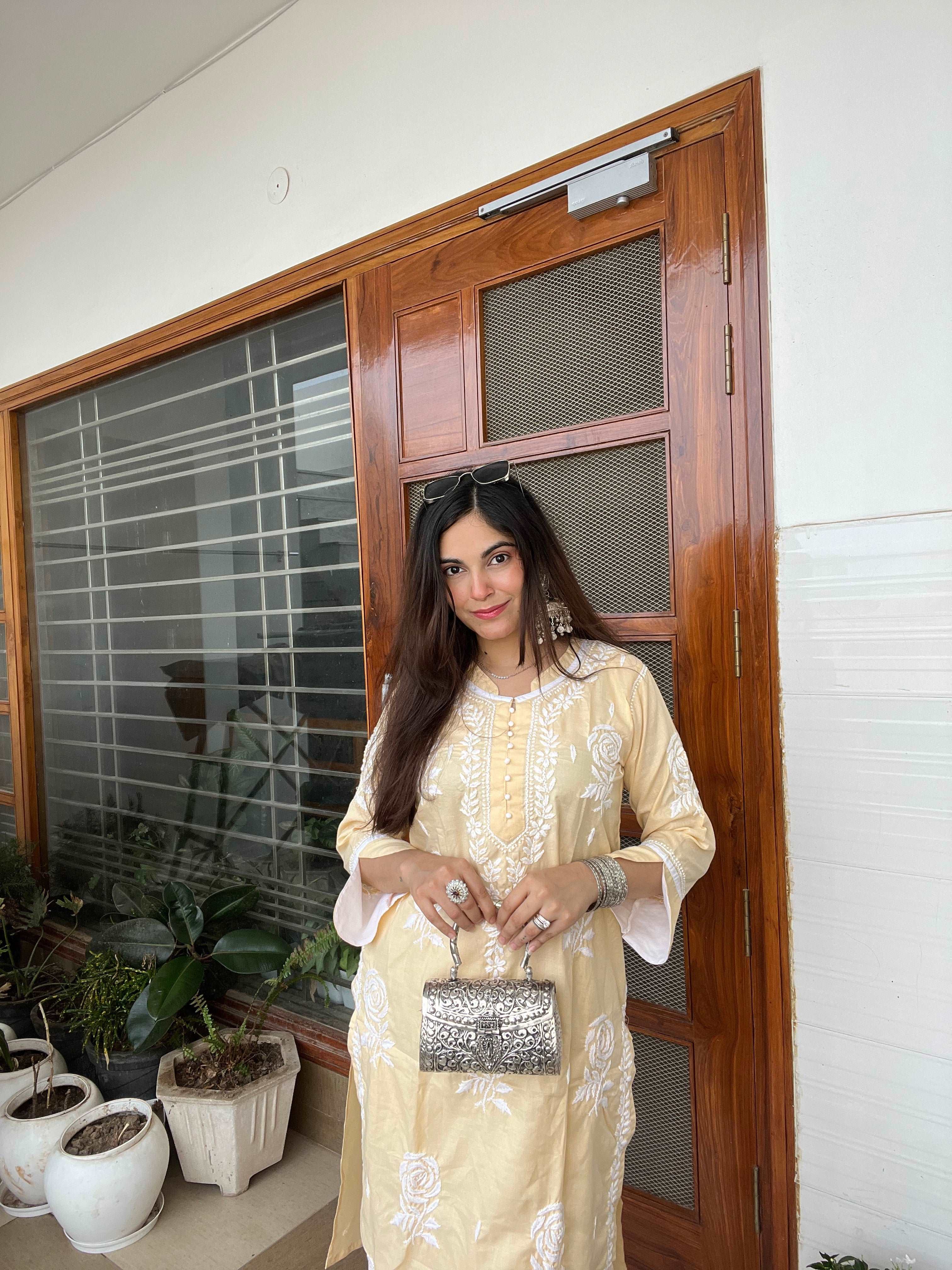 Beige Cotton Chikankari Kurta