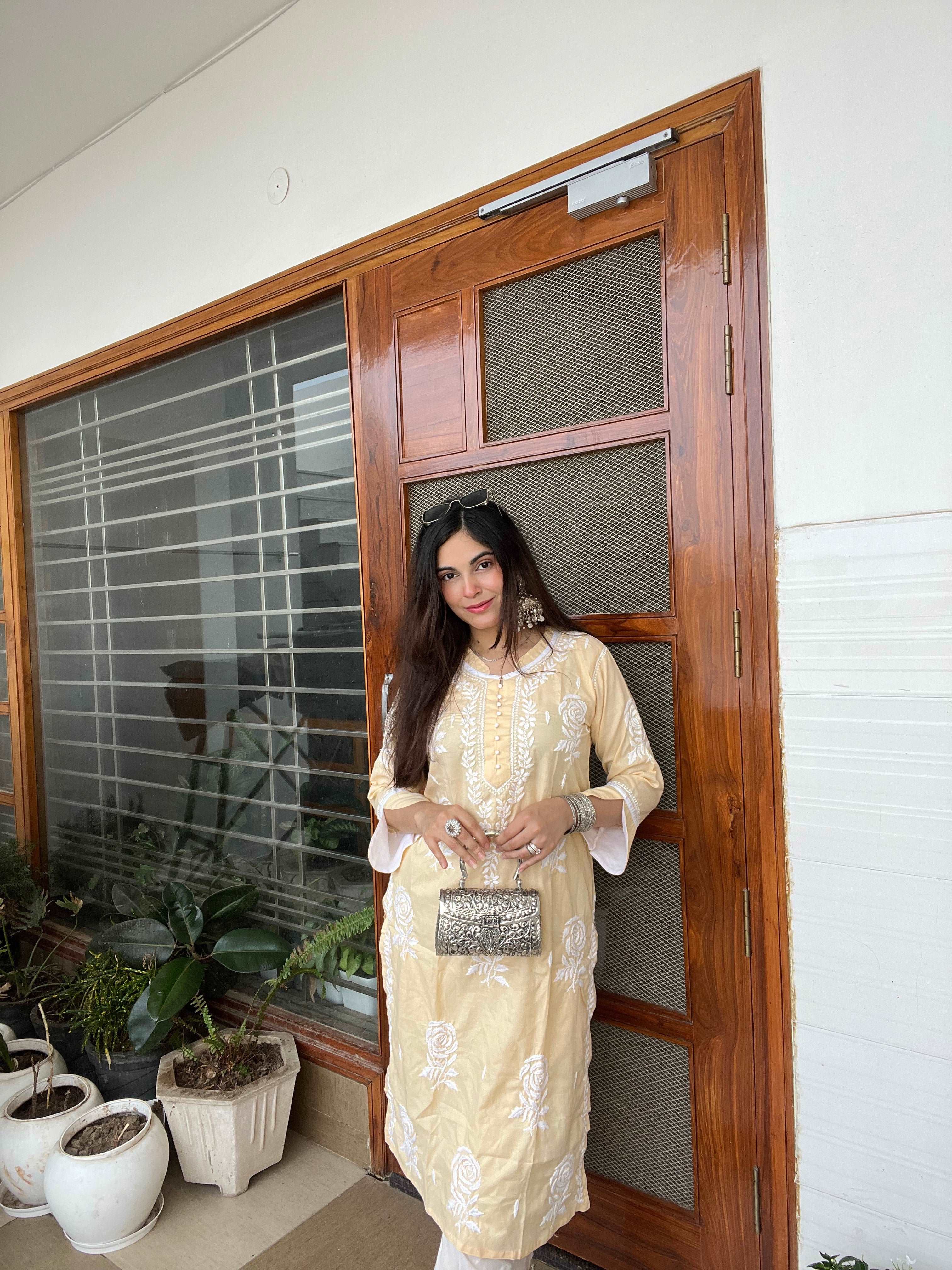 Beige Cotton Chikankari Kurta