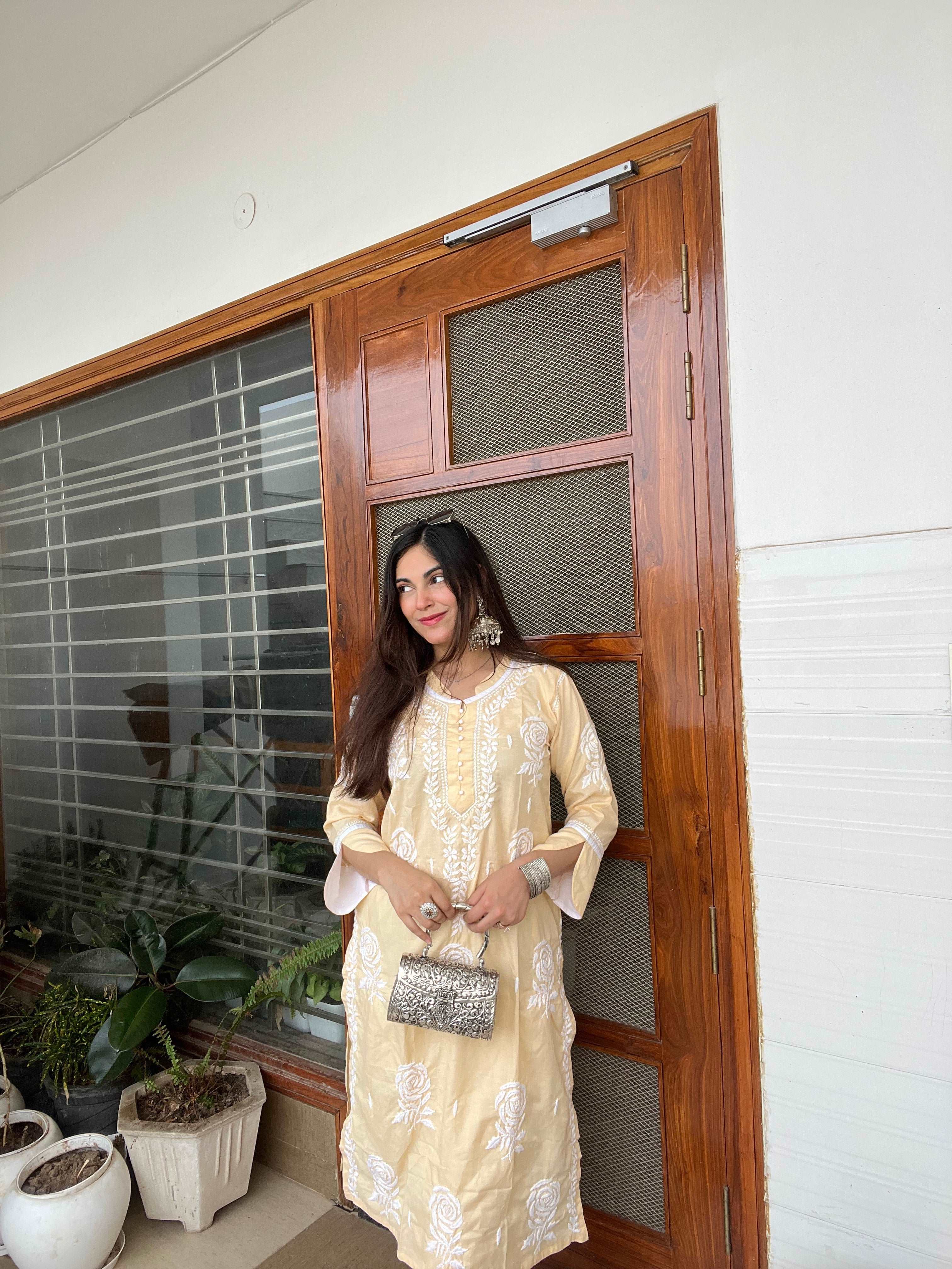 Beige Cotton Chikankari Kurta