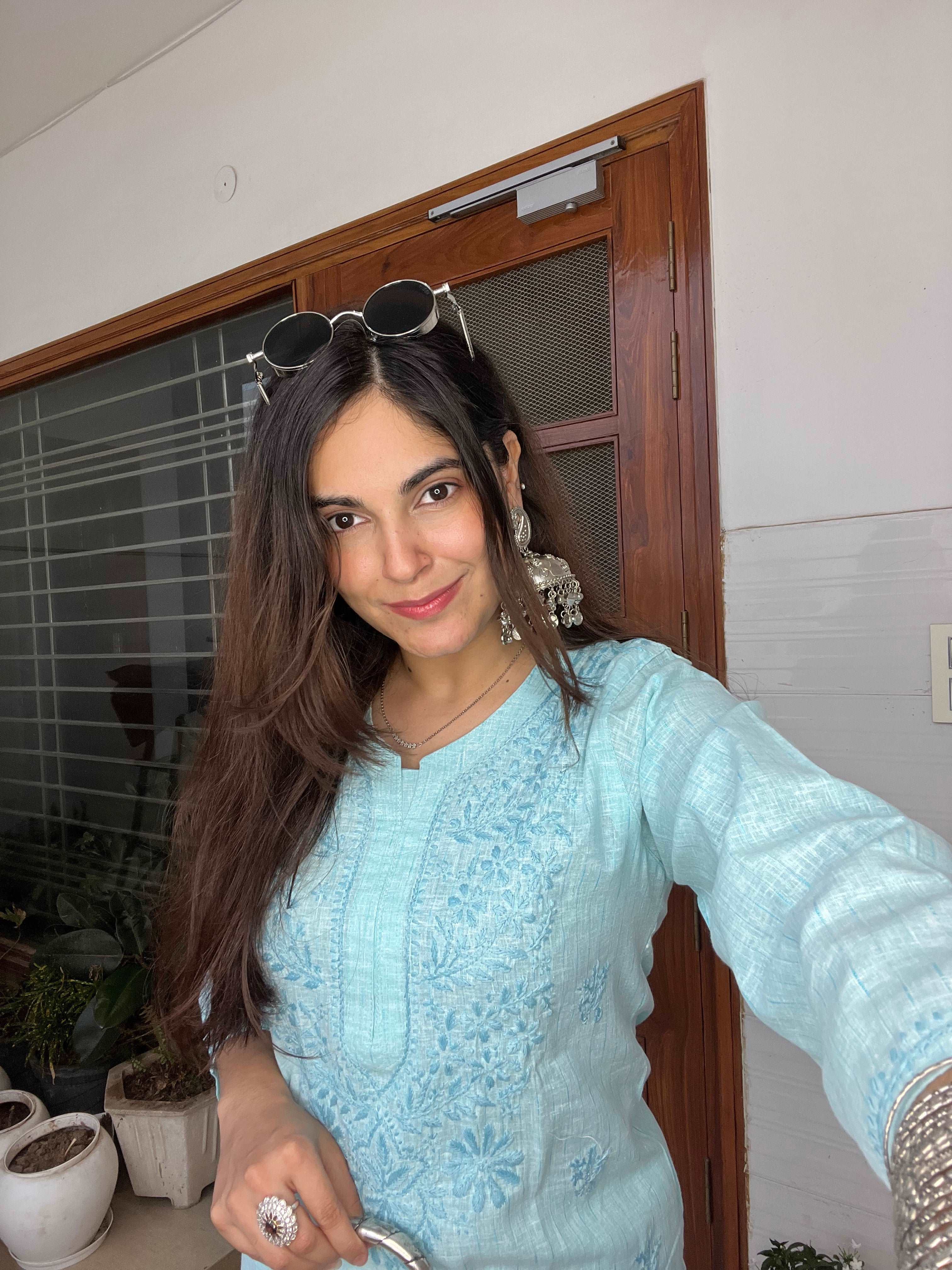 Blue Cotton Chikankari Kurta