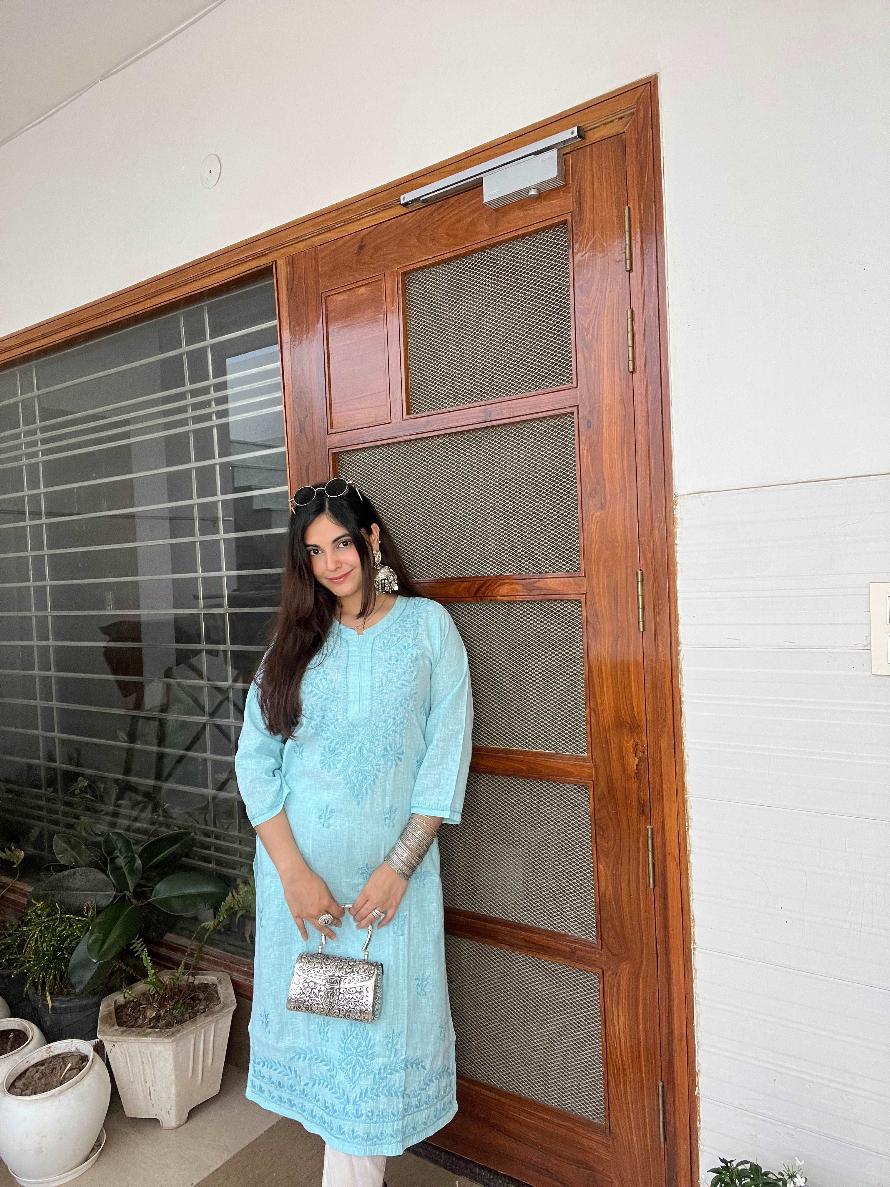 Blue Cotton Chikankari Kurta