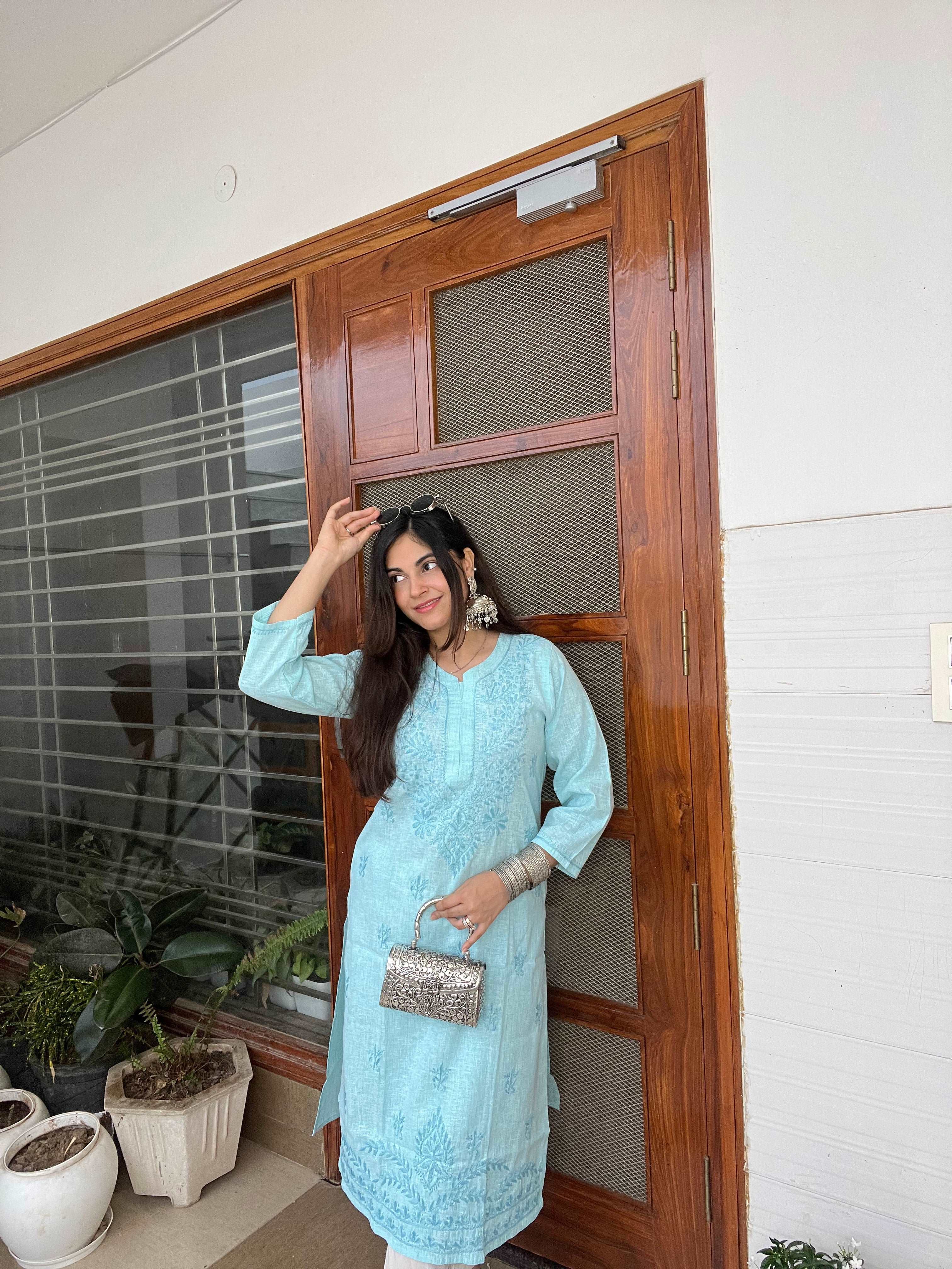 Blue Cotton Chikankari Kurta