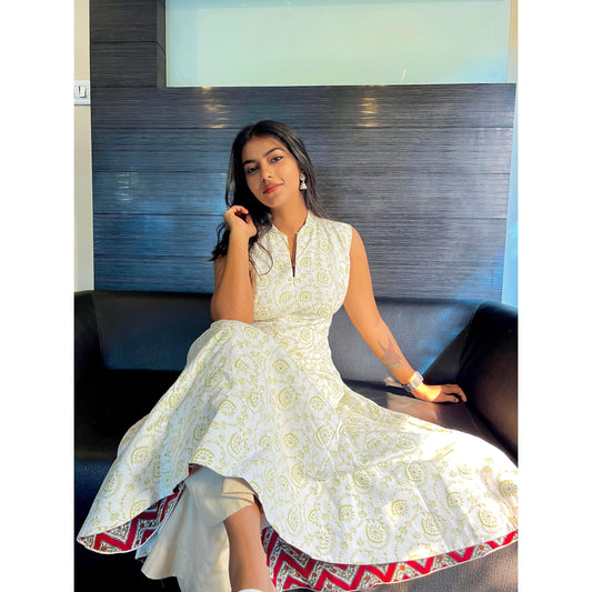 White Chelsea Sanganeri Hand Print Dress