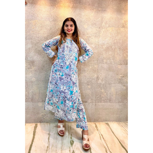 Grey Mulmul Blue Floral Cotton Chikankari Kurti Set