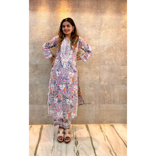 Purple Mulmul Orange Floral Cotton Chikankari Kurti Set