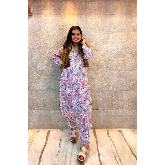 Purple Mulmul Pink Floral Cotton Chikankari Kurti Set