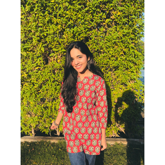 Sangria Red Sanganeri Hand Print Short Kurti