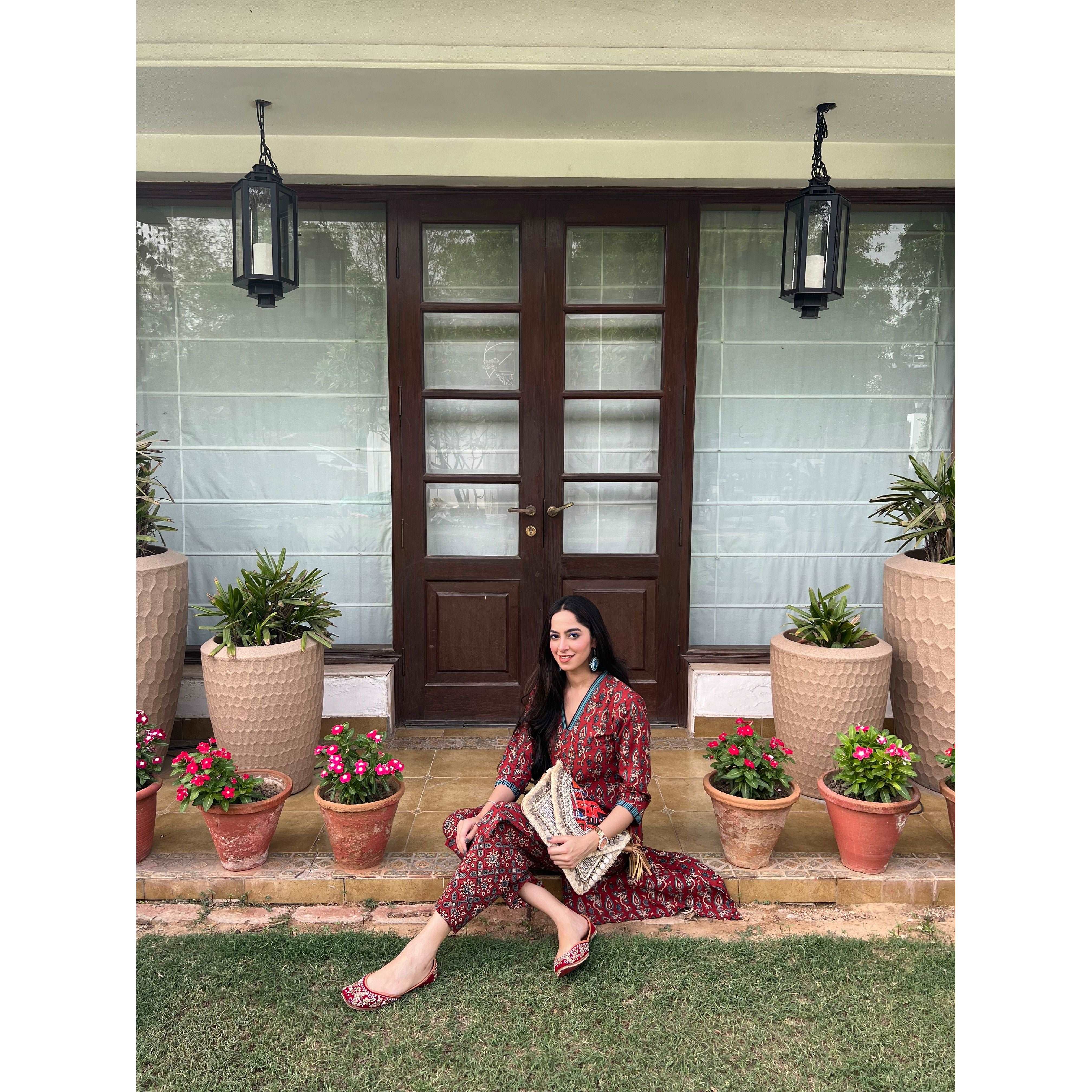 Ajrakh Hand Block Printed V-neck collared Handloom Red-Kurti SetThe VasilikiAjrakhKurta Setnike